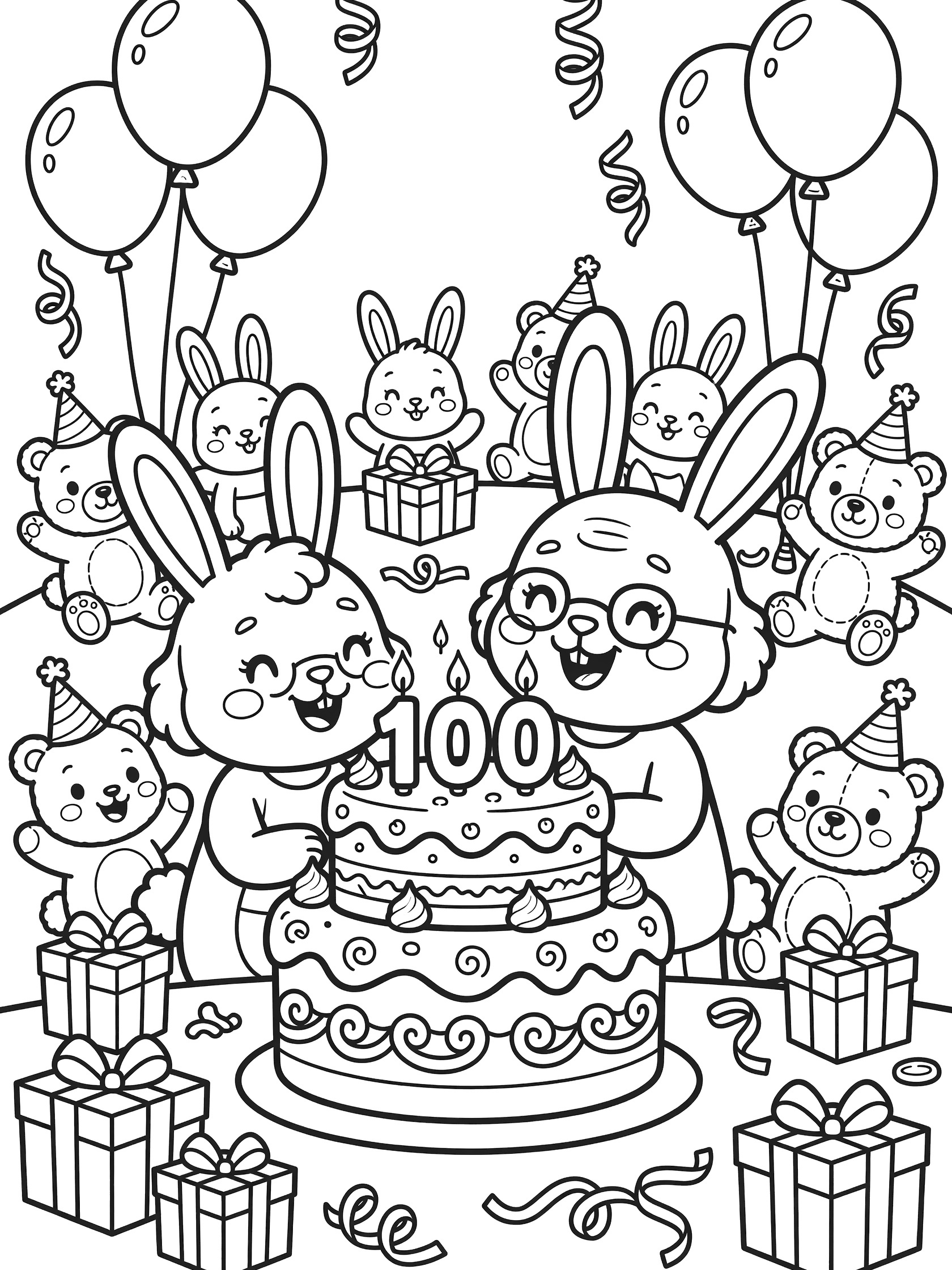 Black and white coloring page of joyful grandma bunny and grandpa bunny celebrating 100th birthday with animal friends around a cake topped with 100 candles, balloons, gifts, and streamers.