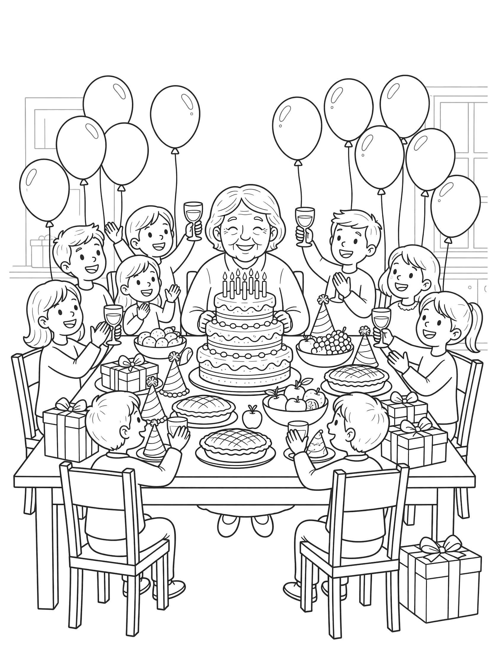 Black and white line art coloring page showing a 100th birthday party at a long table with multi-layer cake full of candles, balloons on chairs, piled gifts, pies, fruit bowls, party hats, elderly woman blowing candles, and clapping kids and friends.