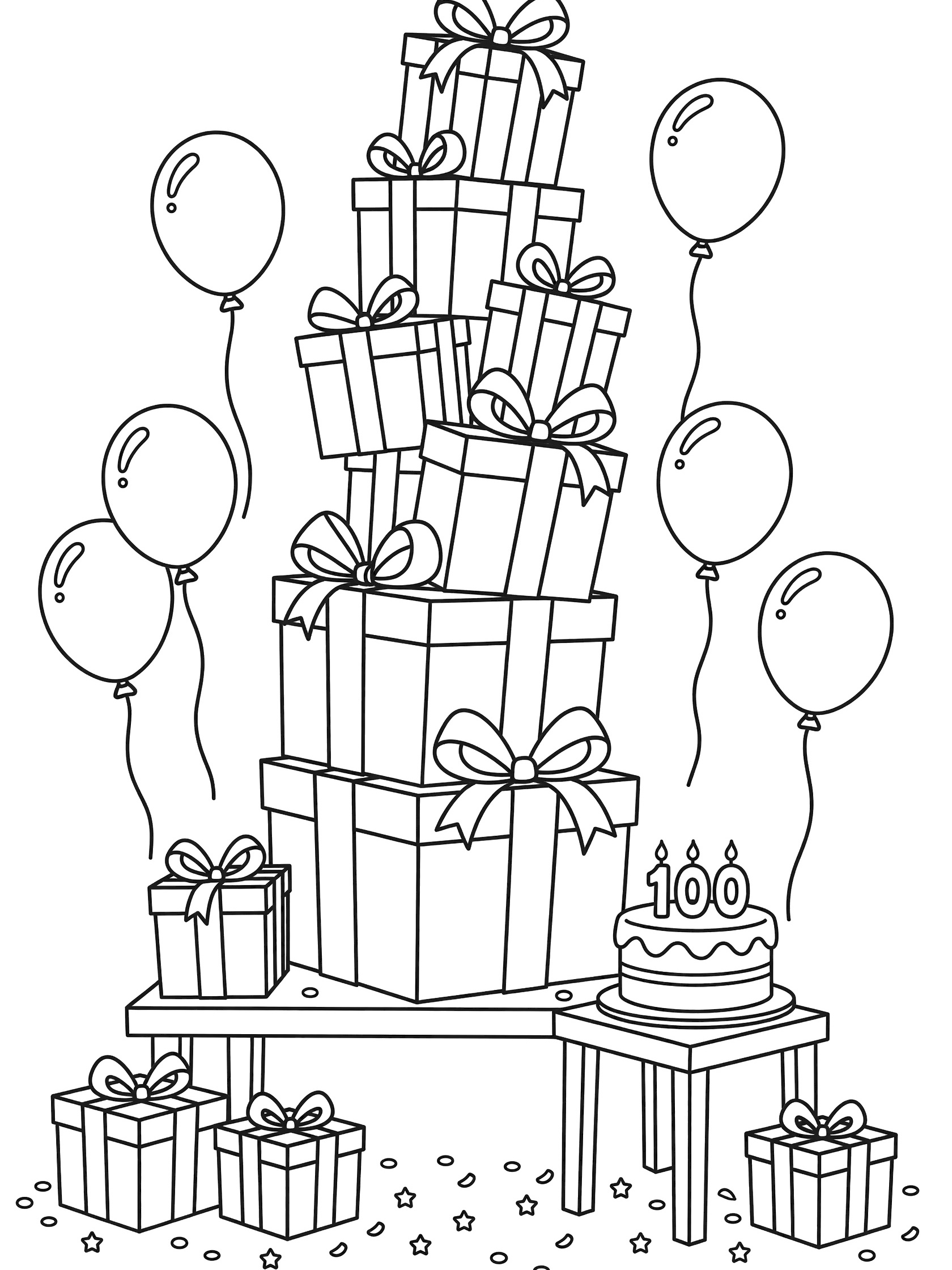 Black and white line art of a leaning tower of birthday gifts for 100th birthday, surrounded by balloons, cake with 100 candles, and scattered confetti.