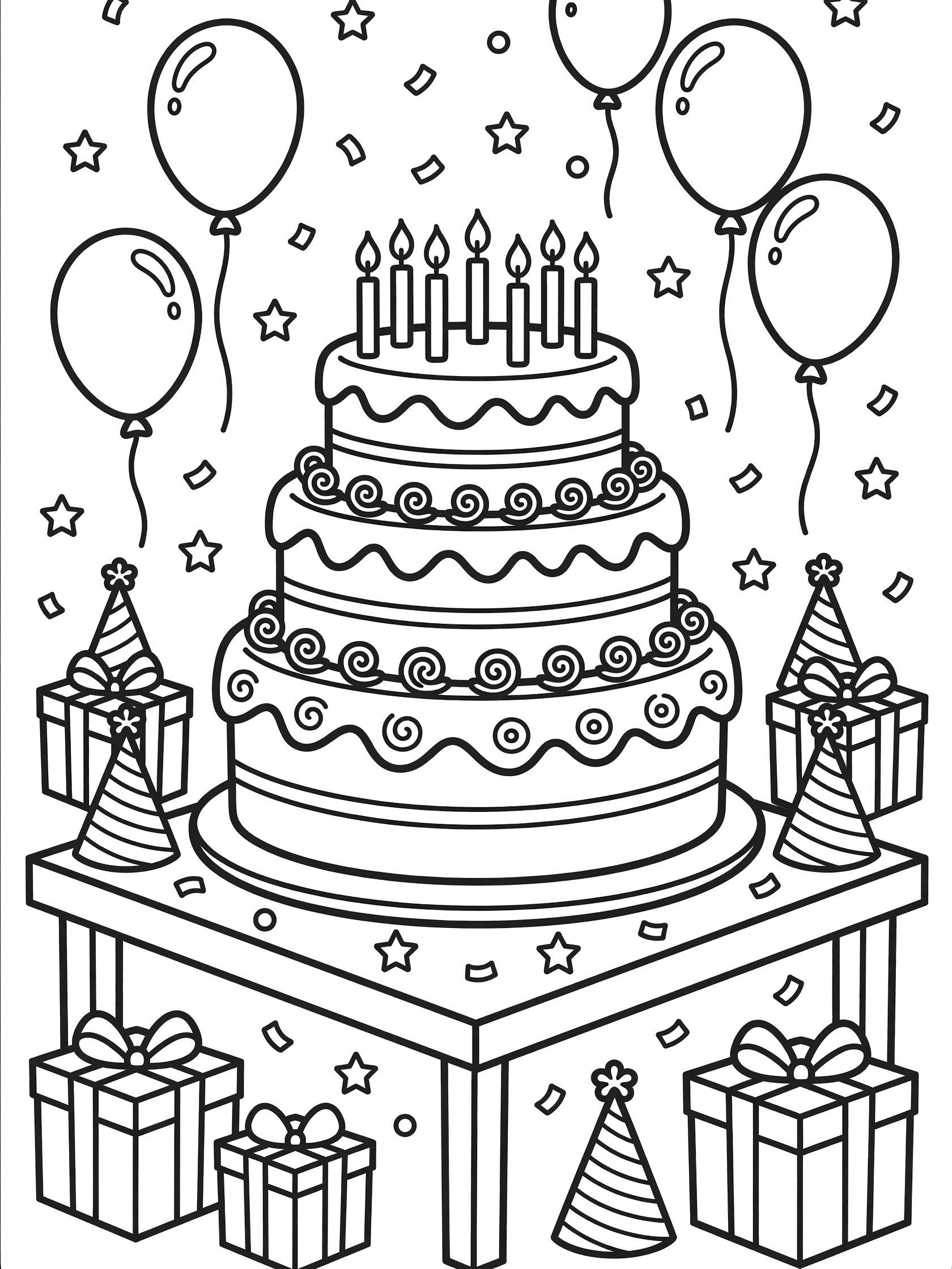 Black and white line art coloring page of a 10th birthday cake on a table with 10 candles, balloons, confetti, gifts and party hats.