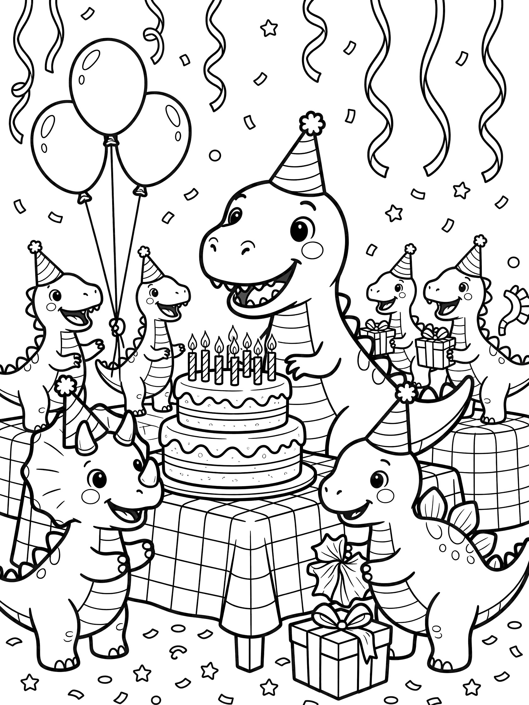 Black and white coloring page of T-Rex in party hat blowing out ten candles on layered birthday cake with dinosaur friends, balloons, presents, streamers and confetti for 10th birthday party.