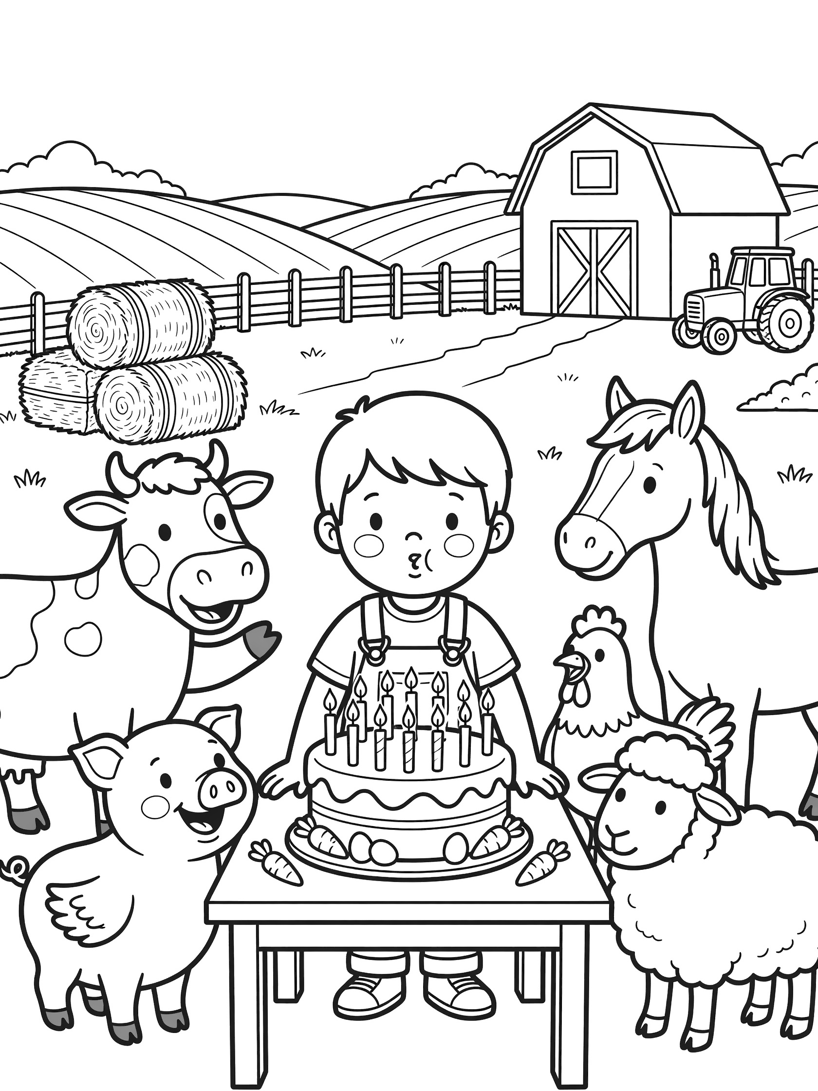 Black and white line art of a boy in overalls blowing out 10 candles on a round birthday cake with carrots and eggs, surrounded by farm animals like cow, pig, horse, chicken and sheep on a sunny farmyard with barn and tractor.