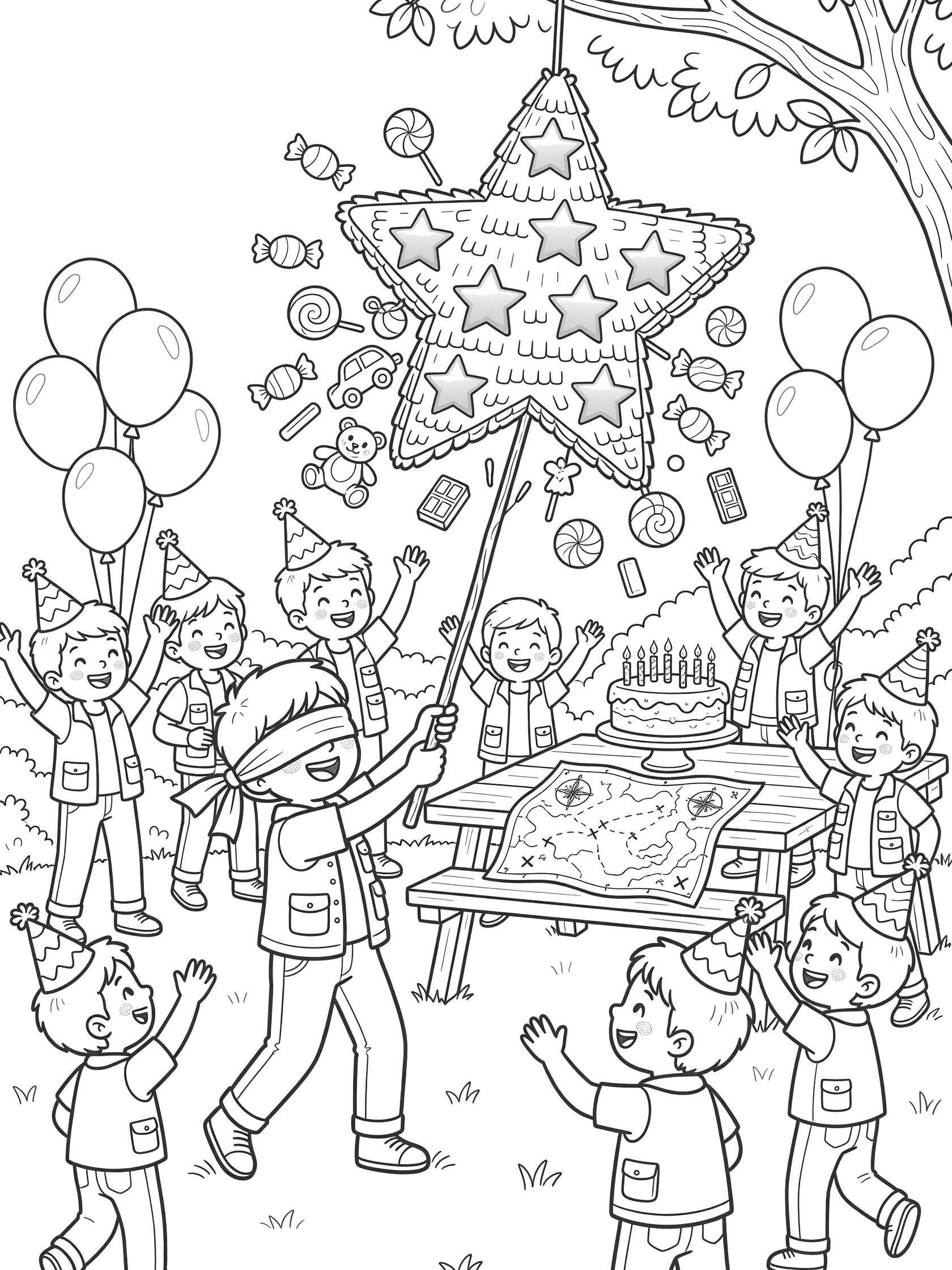 Whimsical line art coloring page showing blindfolded kid swinging at star-shaped piñata spilling candy at 10th birthday party with cheering friends, party hats, cake with candles, balloons and picnic table.