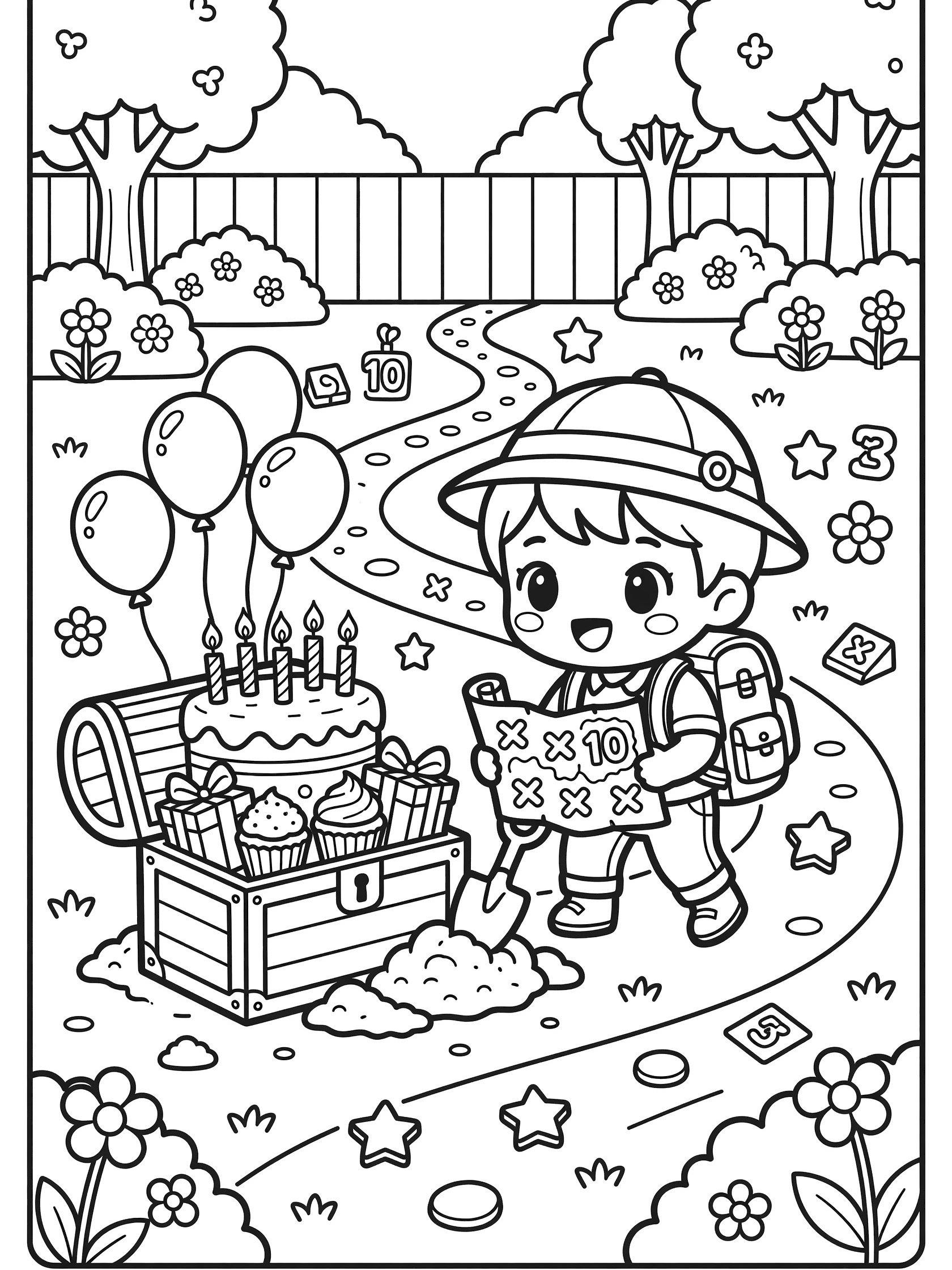 Kawaii chibi child explorer with backpack and hat digs up overflowing treasure chest with 10-candle birthday cake, cupcakes, presents, and balloons on a backyard path with treasure map marked 10.