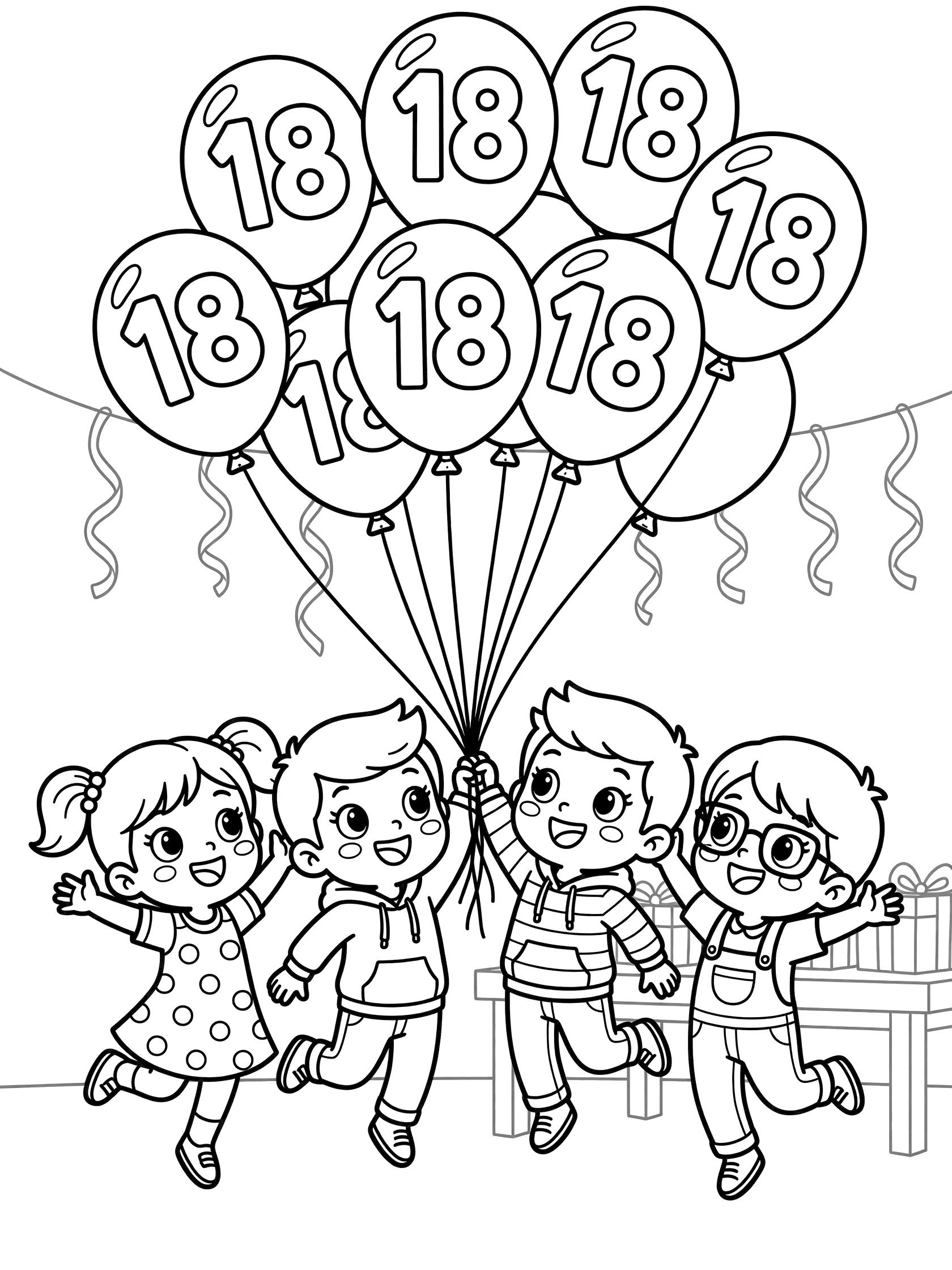 Kawaii line art coloring page showing cute friends with big eyes jumping and holding strings of large '18' balloons in an 18th birthday celebration with party room background.