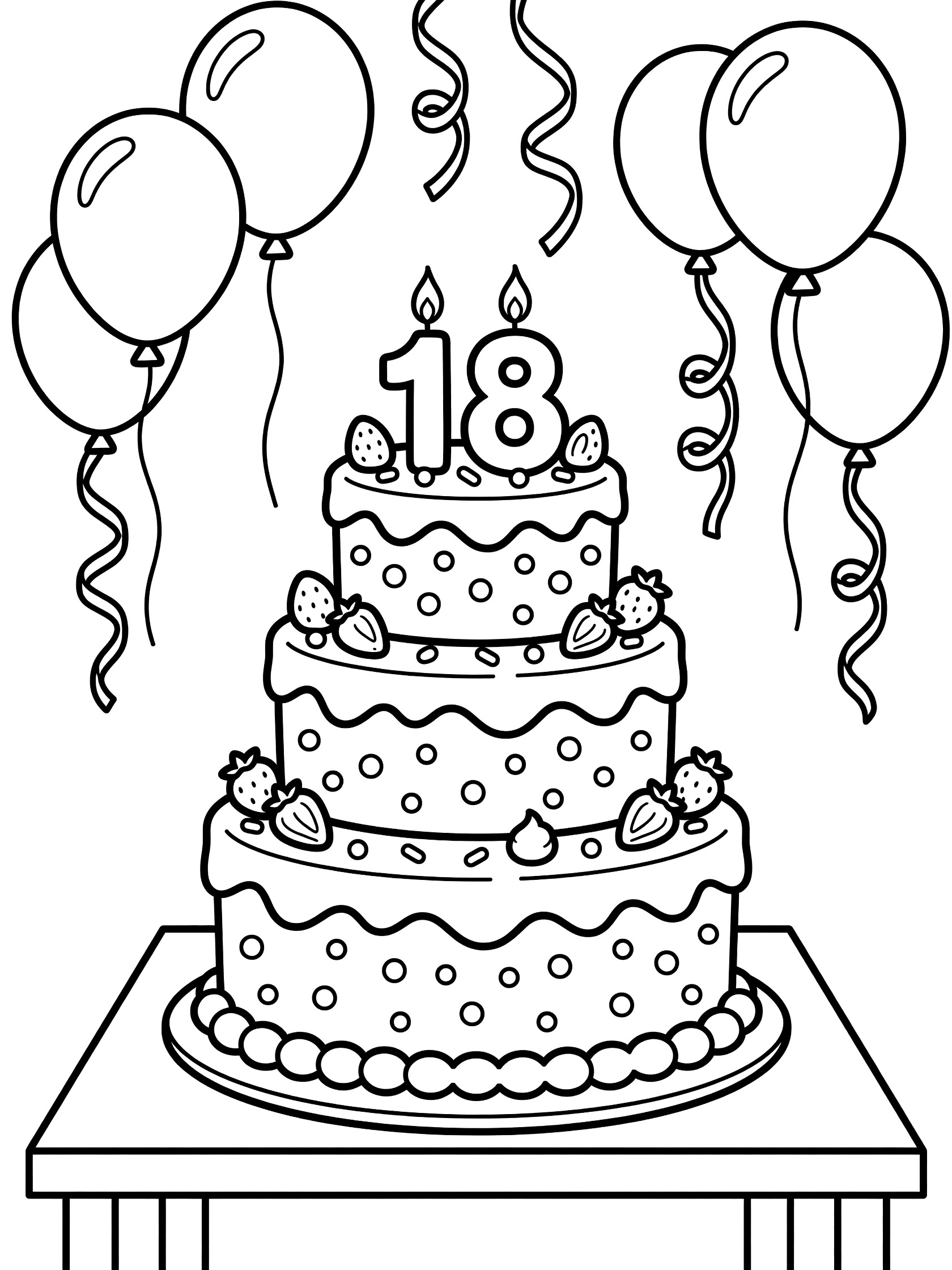 Cute cartoon line art of a three-tiered 18th birthday cake on a table, topped with 1 and 8 candles, strawberry slices, frosting swirls and sprinkles, surrounded by balloons and ribbons.