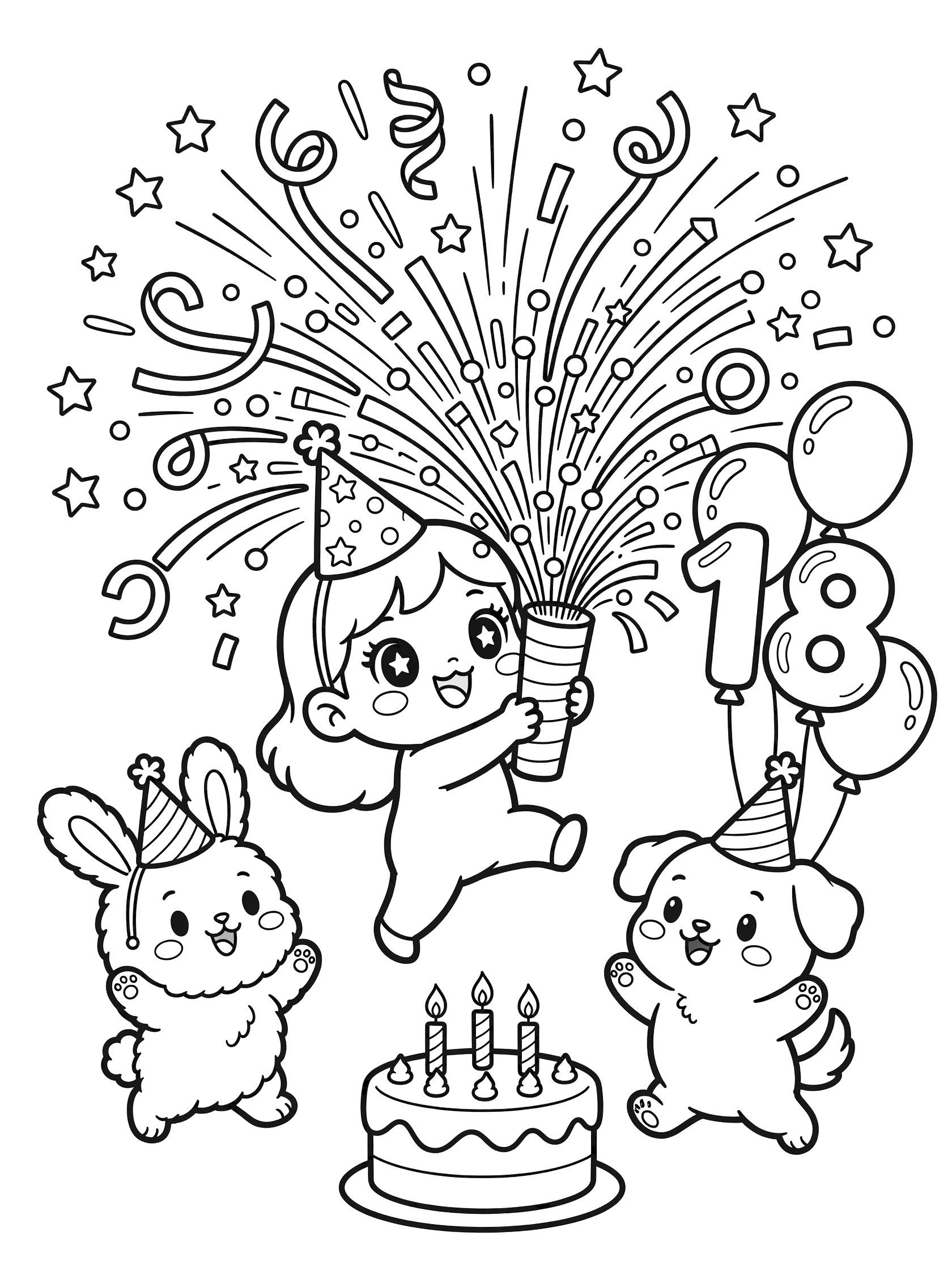 Black and white line art of kawaii chibi girl tugging confetti cannon blasting stars and streamers for 18th birthday with party hat bunny, puppy, number 18 balloons and candle cake.