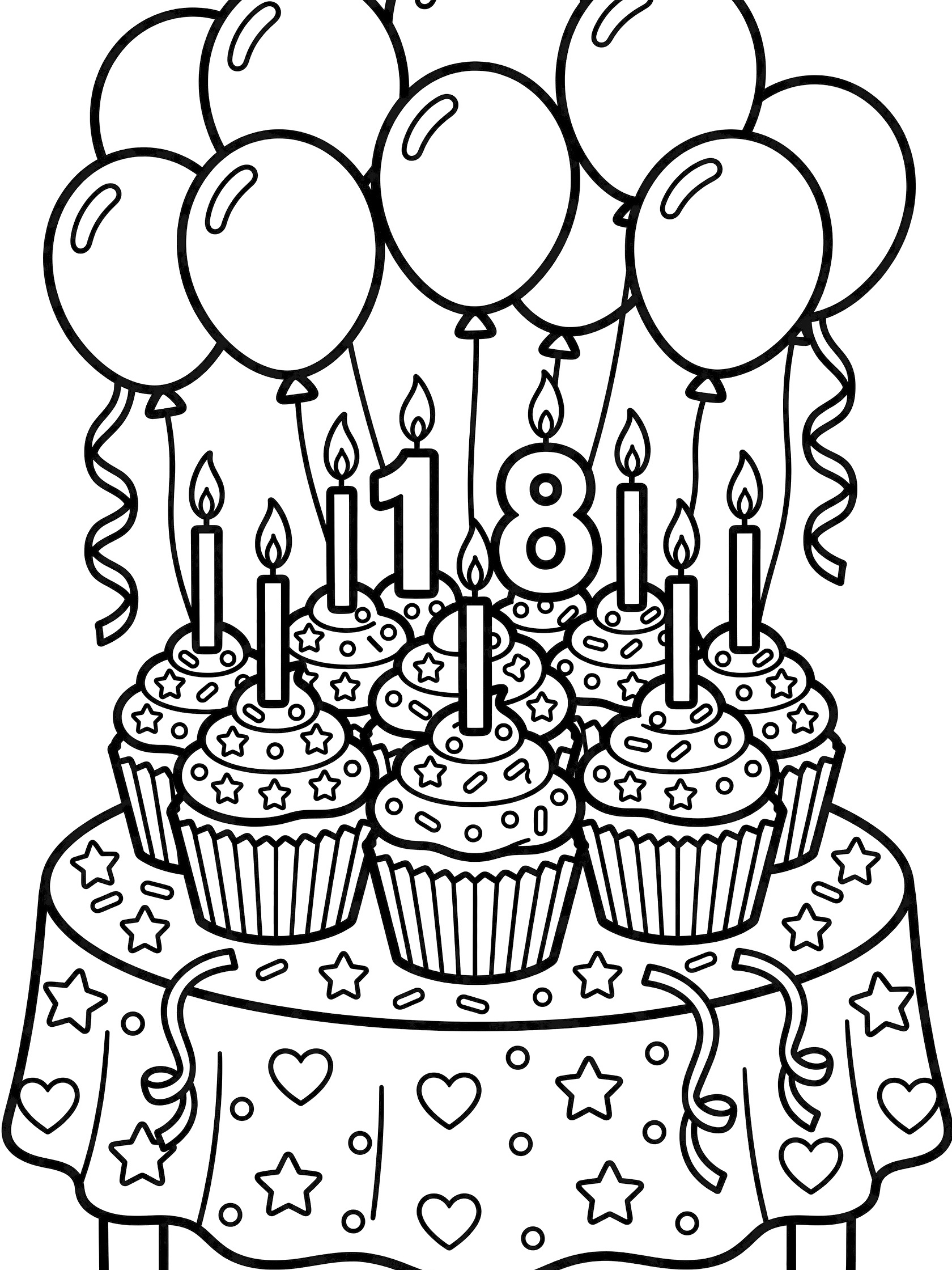 Printable coloring page showing 18th birthday cupcakes topped with icing and sprinkles, candles forming 18, floating balloons, and streamers on a round tablecloth