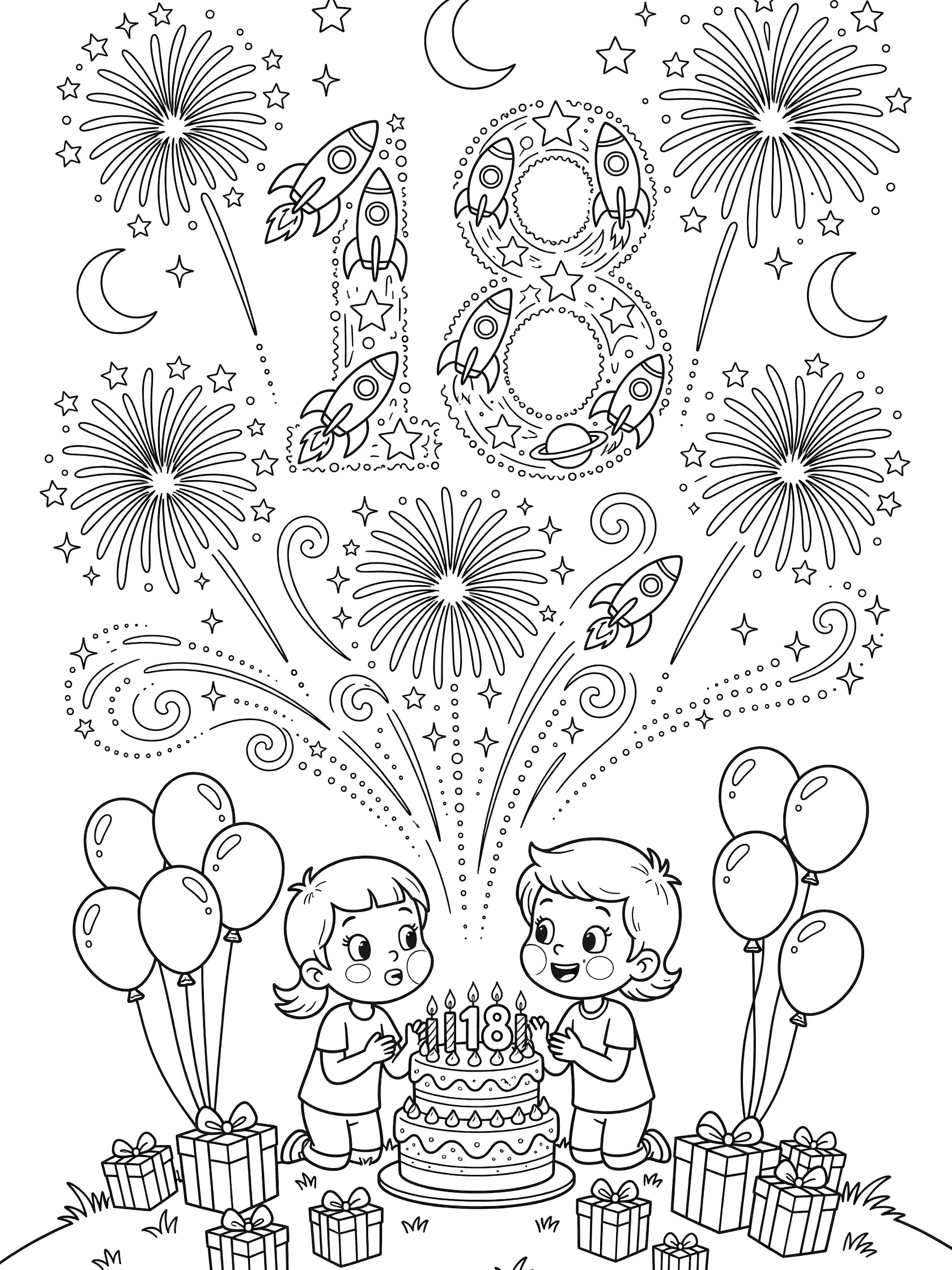 Black and white line art coloring page of 18th birthday with fireworks bursting into rockets, stars, moons, and planets shaping an 18, kids in party hats blowing out 18 cake candles, balloons, gifts on grassy hill.