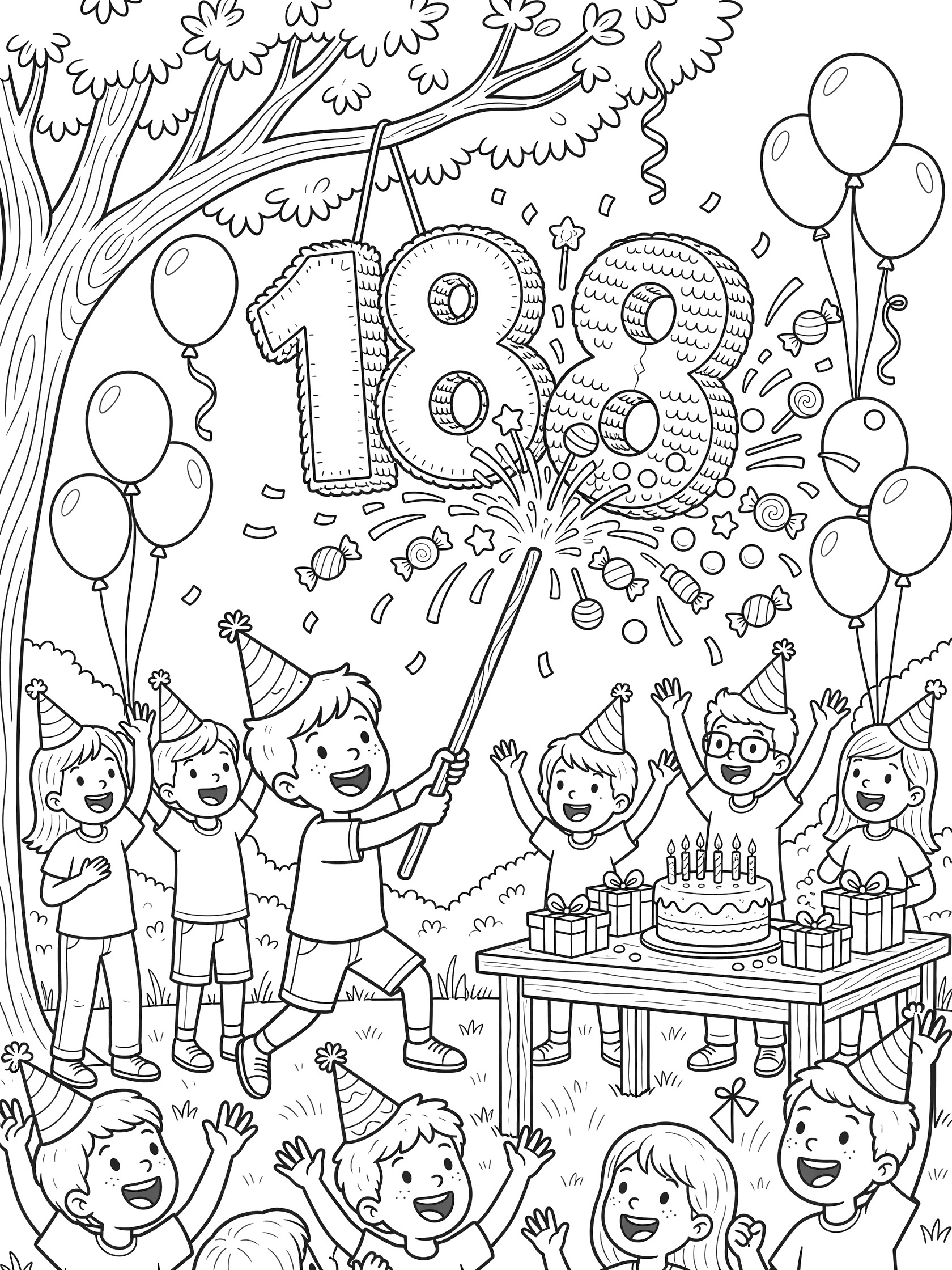 Line art coloring page showing a tween swinging at a big number 18 pinata at an 18th birthday party with friends cheering, cake, gifts, and balloons in a backyard.