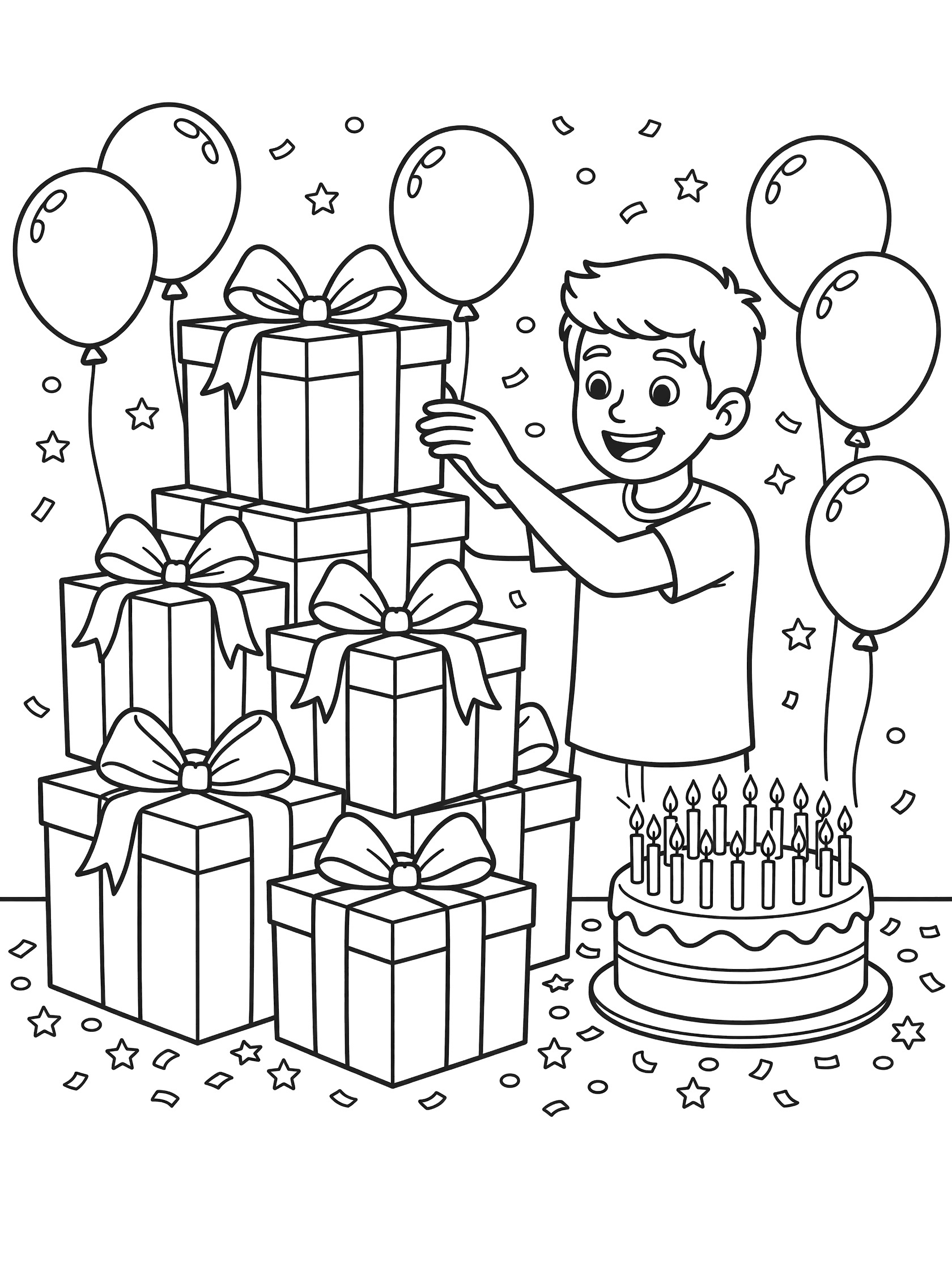 Coloring page showing a joyful teen eagerly opening tall stack of wrapped 18th birthday presents on a party table, with birthday cake topped by 18 candles, balloons, and confetti.