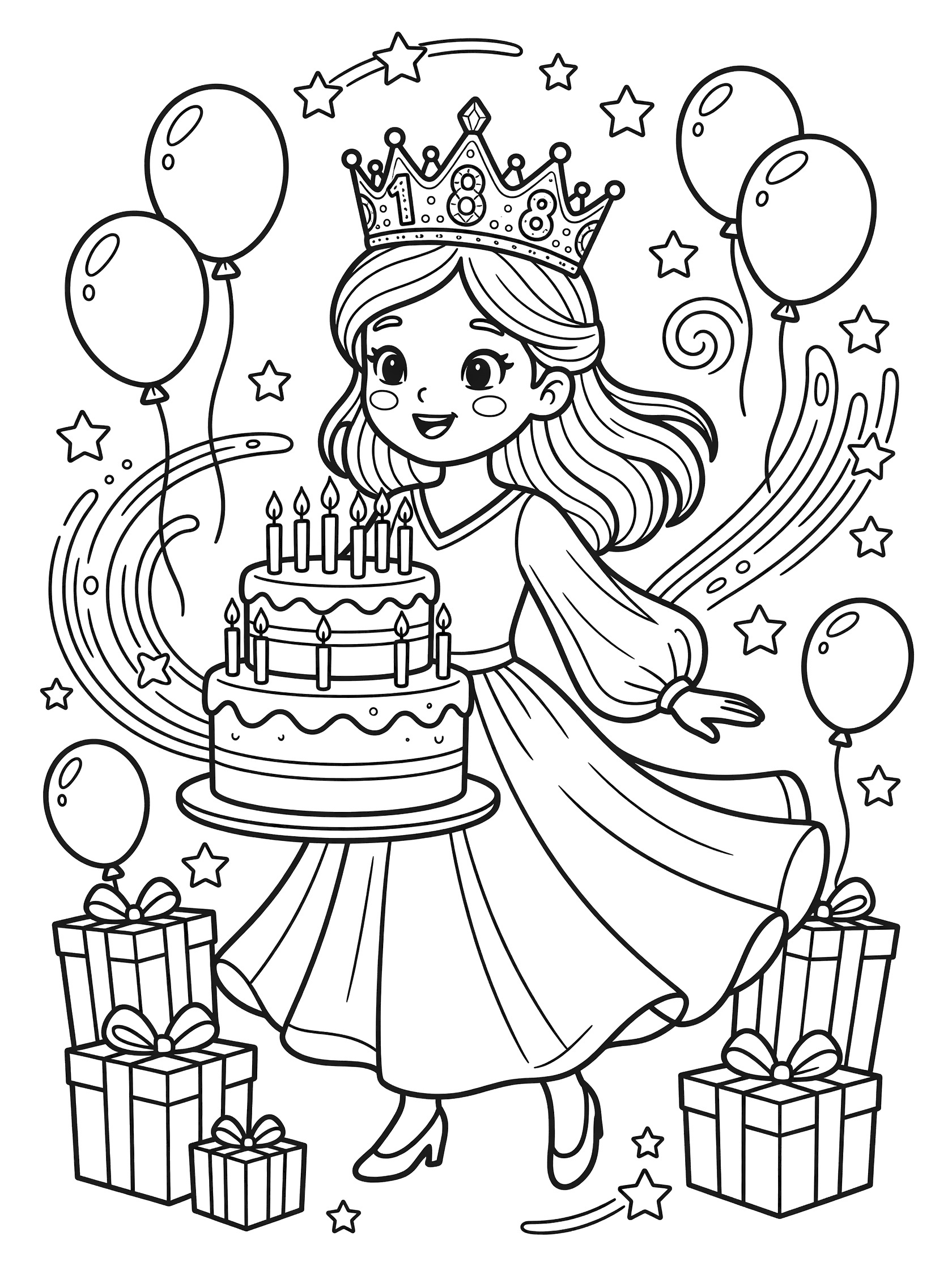 Cute cartoon princess with long hair in flowing dress and golden crown with 18 jewels, blowing candles on layered birthday cake surrounded by balloons and gifts coloring page