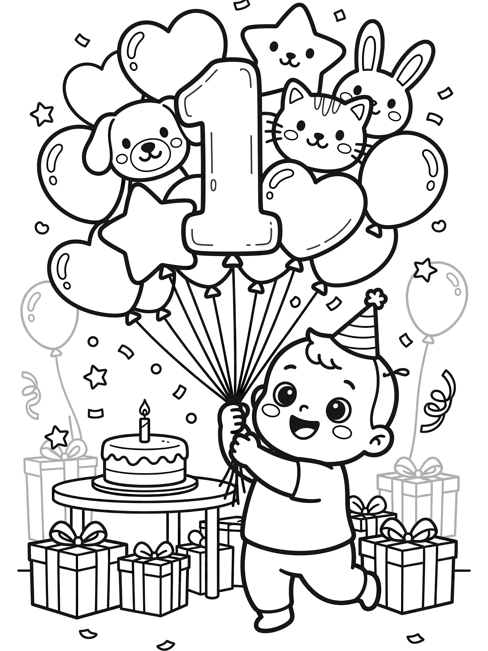 Black and white line art of excited toddler boy in party hat jumping with 1st birthday balloon bouquet, cake with candle, presents and confetti