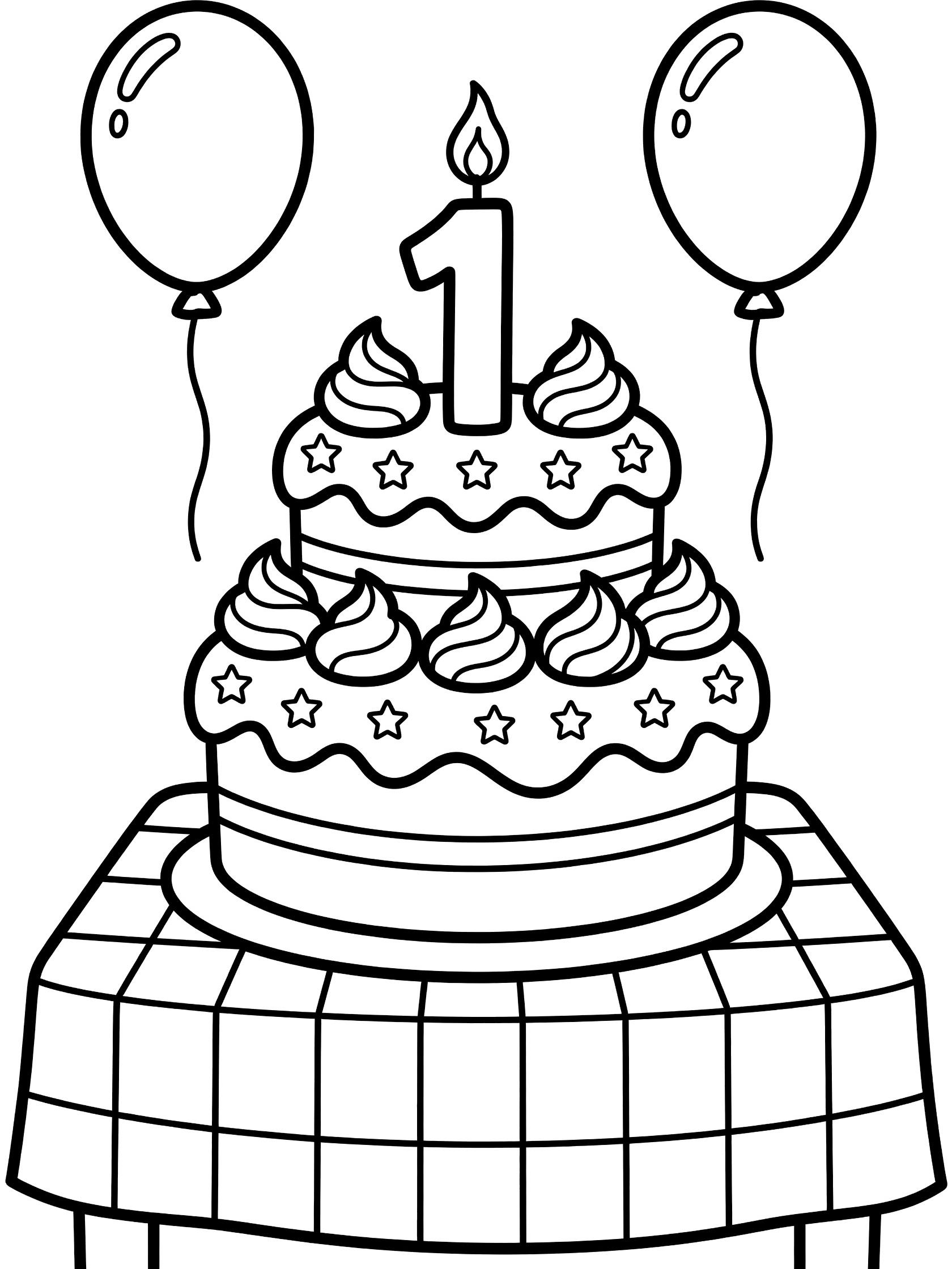 Printable coloring page showing a 1st birthday cake topped with a tall candle shaped like number 1, big frosting swirls, star sprinkles, two balloons, on a checkered tablecloth.
