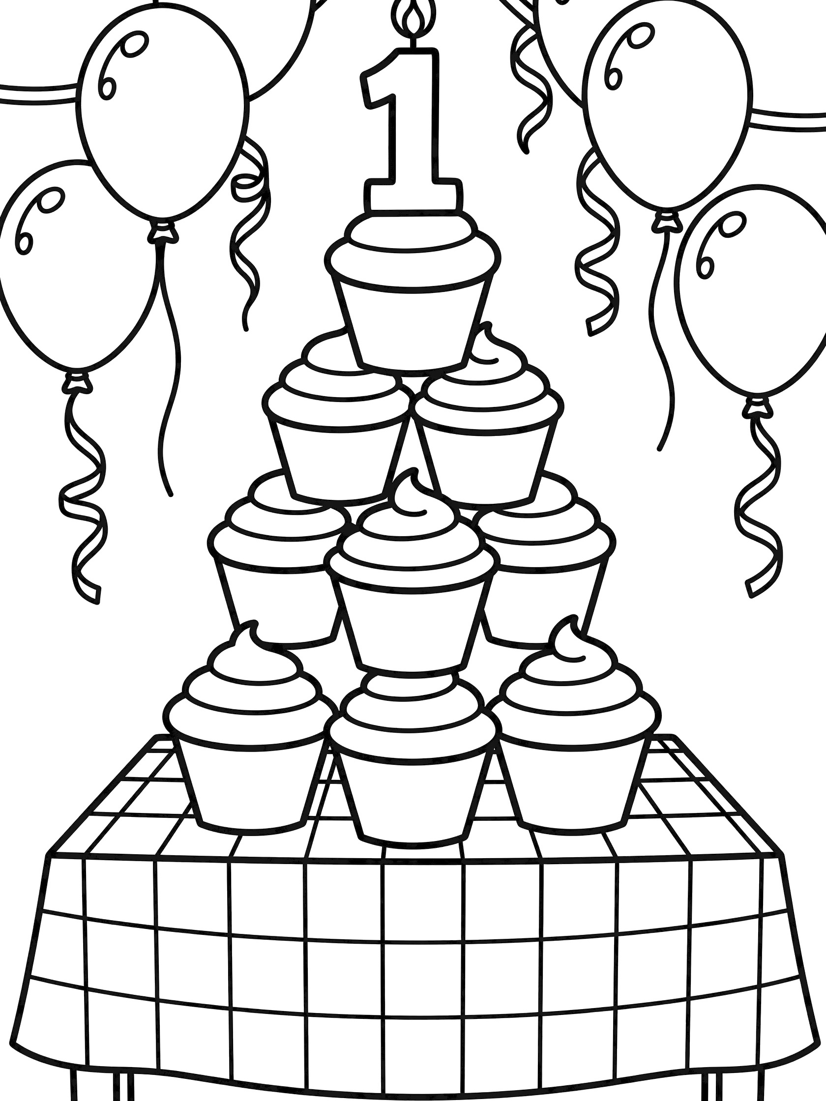 Black and white line art of a 1st birthday cupcake tower with stacked cupcakes, '1' candle on top, balloons, streamers, and checkered table for easy coloring.