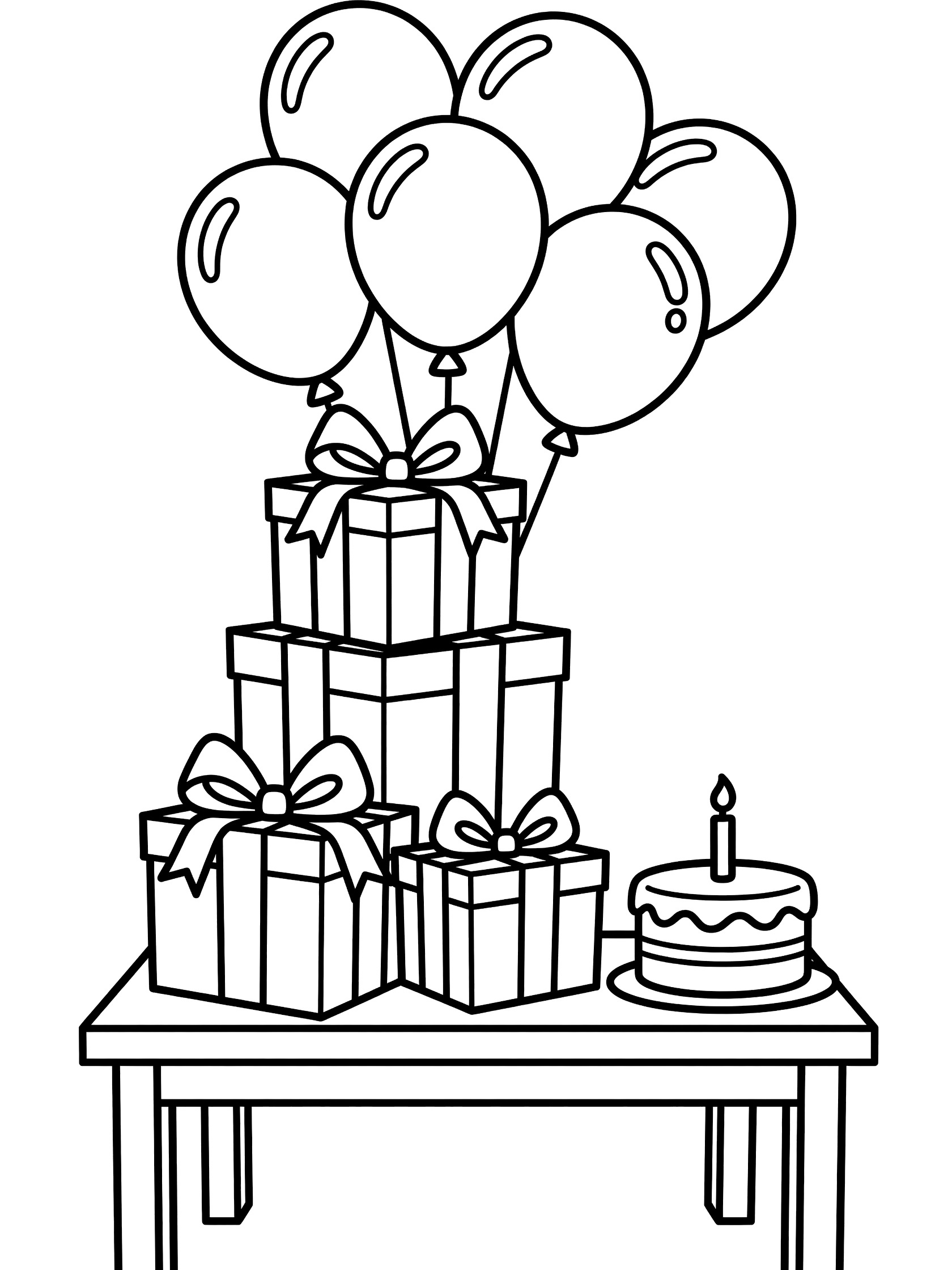 Printable 1st birthday coloring page showing a playful stack of wrapped gifts with ribbons and bows, colorful balloons above, and a single candle cake on a table.