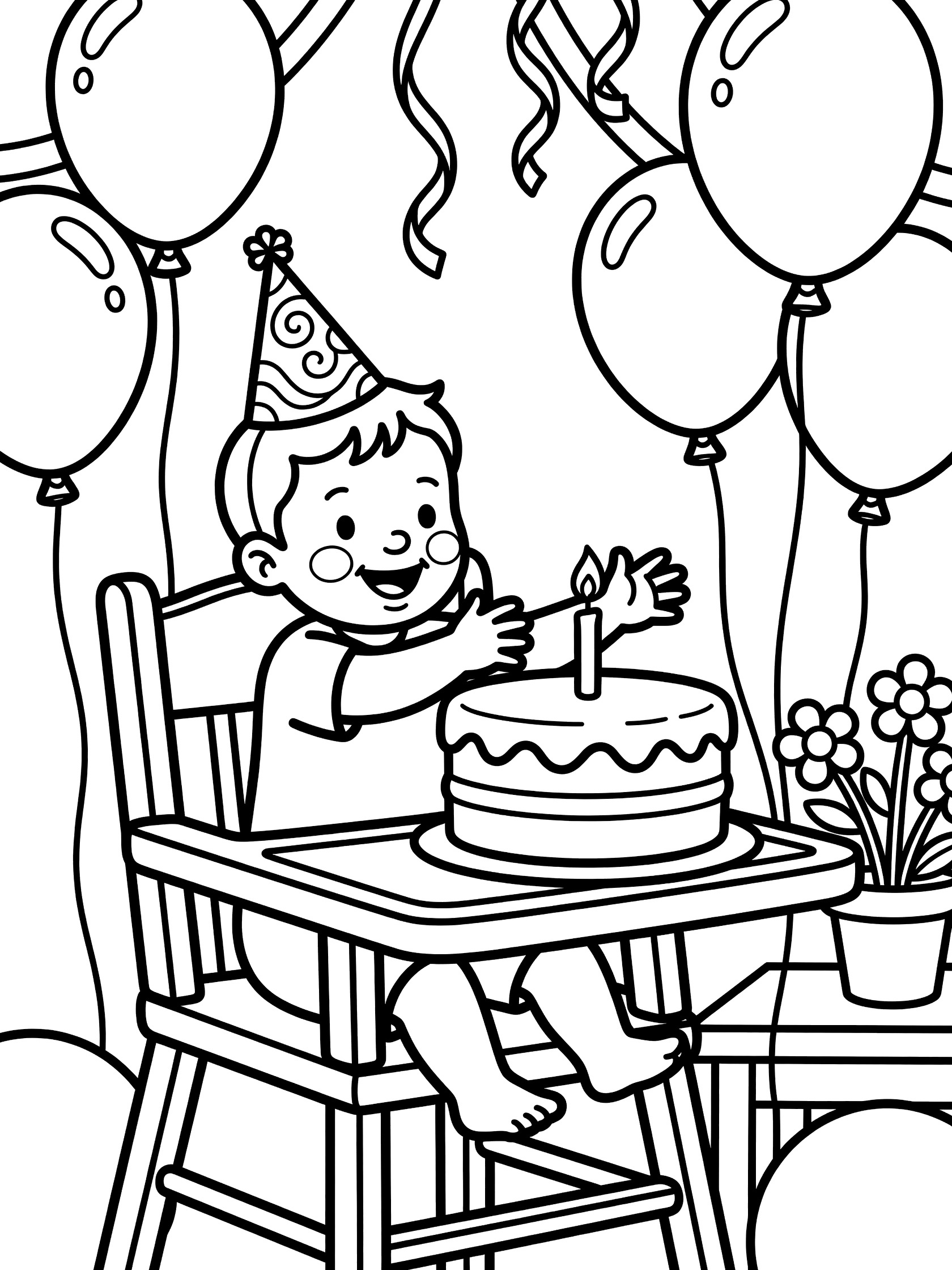 Black and white line art of preschool baby sitting in wooden high chair wearing party hat, reaching for layered birthday cake with candle on tray, surrounded by balloons and streamers for 1st birthday.