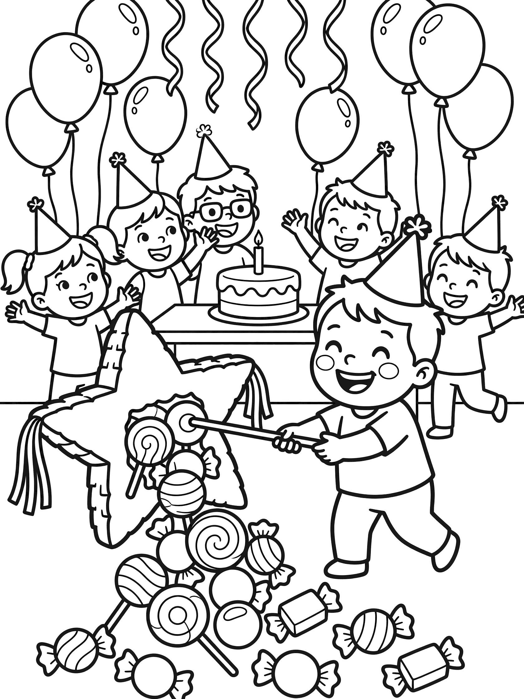 Cute 1st birthday coloring page showing a boy swinging at a star-shaped piñata as candies spill out, kids in party hats cheering around a birthday cake.