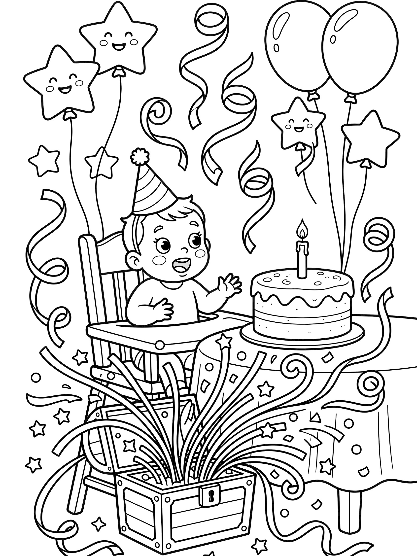 Black and white coloring page of wide-eyed baby in floppy party hat sitting in high chair, gasping at exploding treasure chest with streamers and confetti, next to cake with candle and star balloons for 1st birthday.