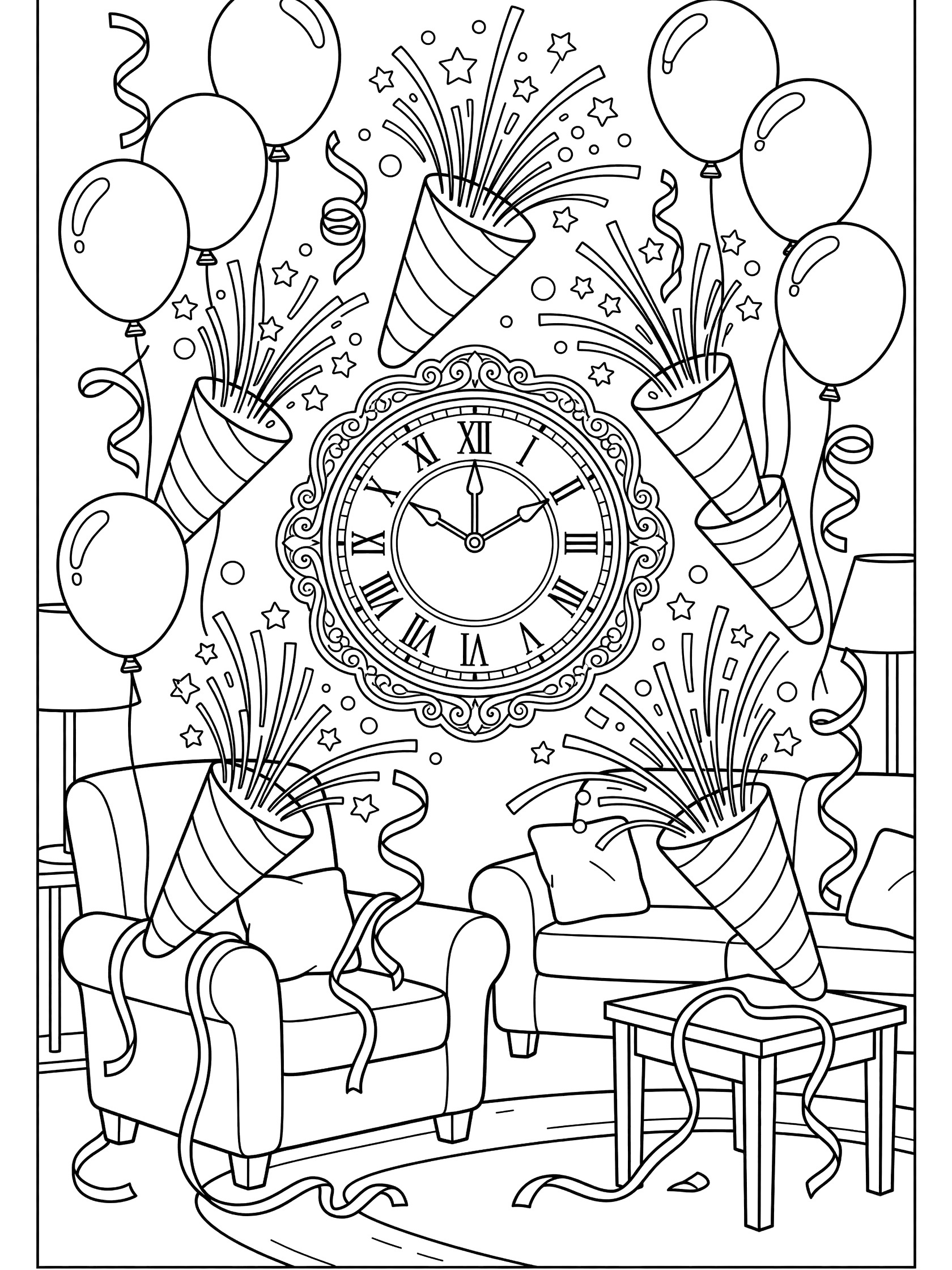 Line art coloring page showing ornate clock hands at 12 for 2024, exploding party poppers with confetti and streamers, floating balloons, and festive living room furniture