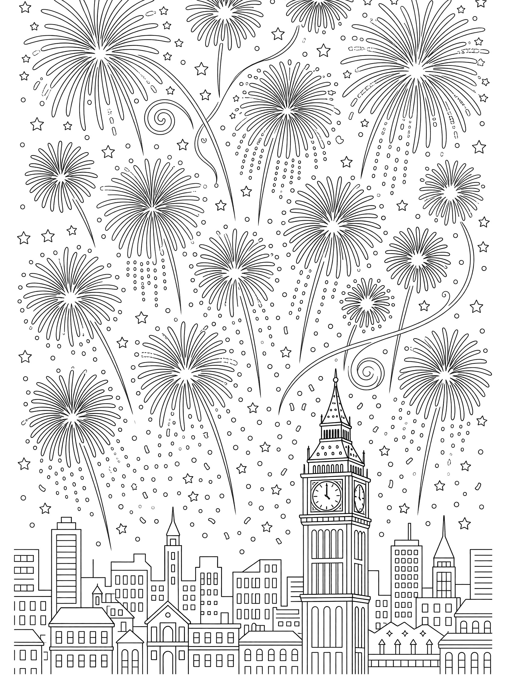 Line art coloring page showing colorful fireworks exploding in the night sky above a city skyline featuring Big Ben clock tower for 2024 New Year