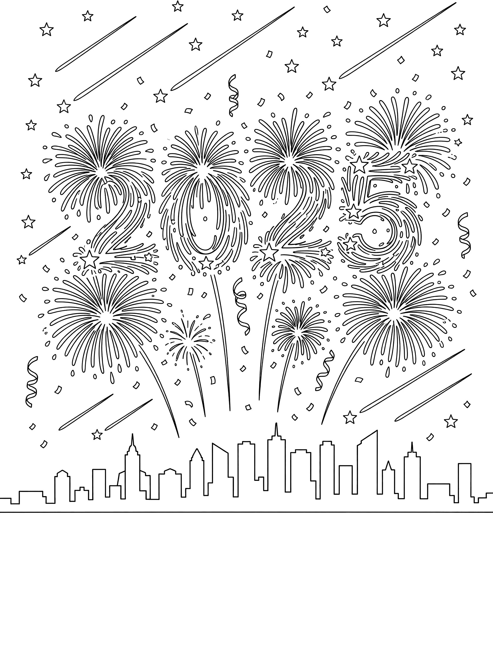 Line art coloring page showing fireworks exploding to form big 2025 numbers above a city skyline, with shooting stars and falling confetti in a night sky