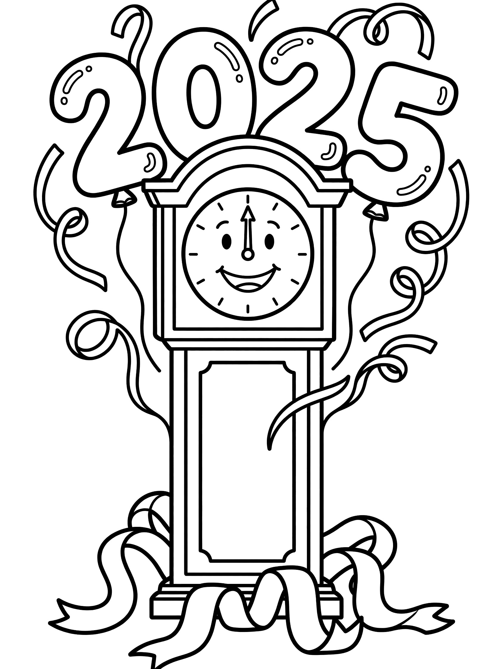 Black and white line art coloring page showing a cheerful grandfather clock with hands at 12 for New Year's 2025 midnight, encircled by 2025 numeral balloons, swirling streamers, and festive ribbons at the base.