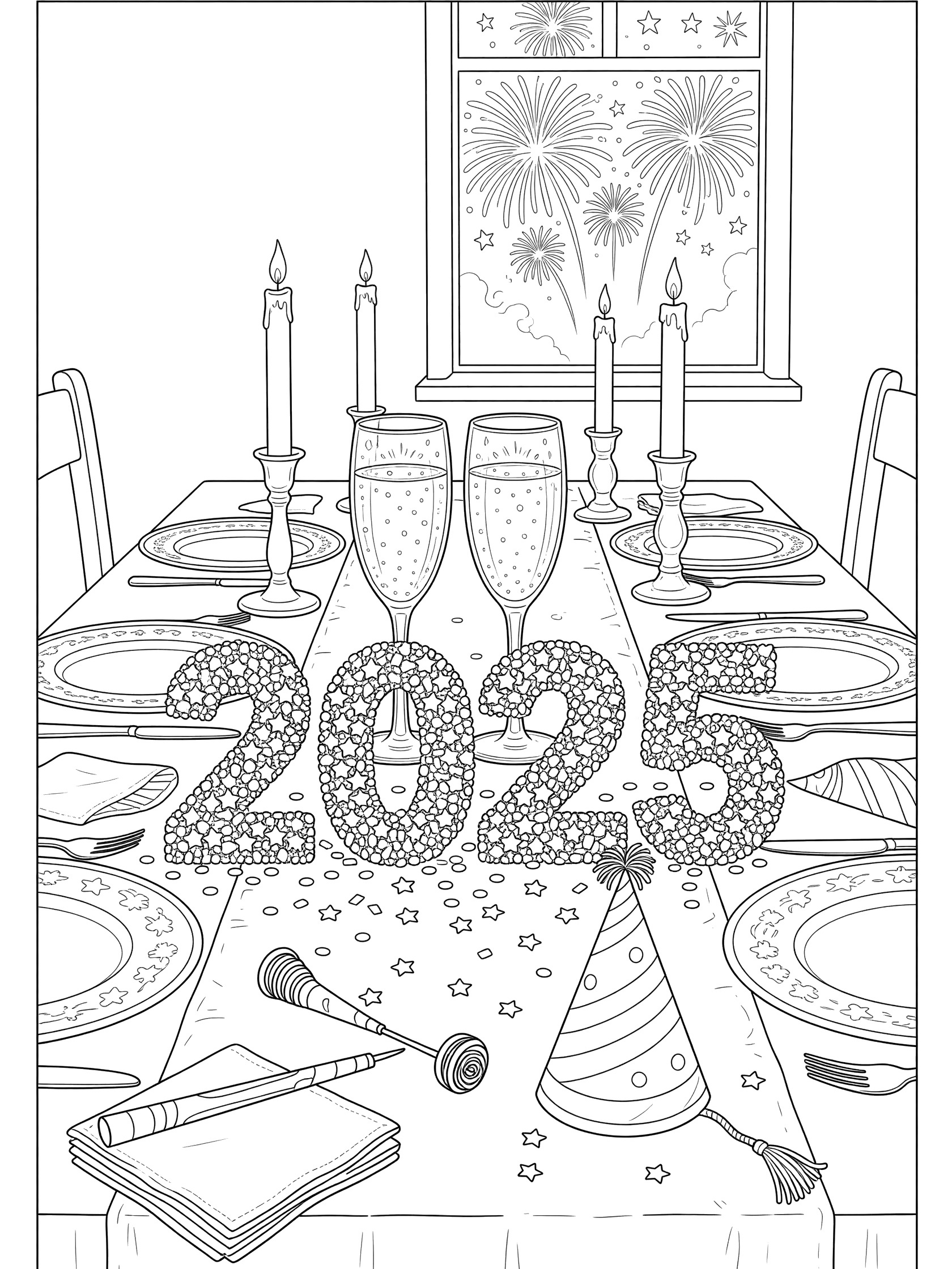 Black and white line art coloring page showing a dining table set for 2025 New Year's with two clinking glasses, large 2025 numerals from confetti, candles, party favors, napkins, and window with fireworks.
