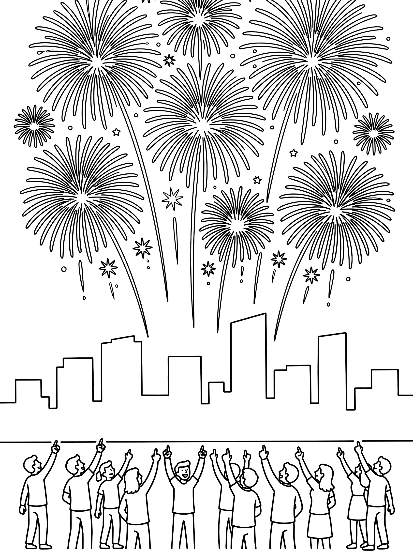 Line art coloring page showing large fireworks exploding in starbursts and cascades above a simple city skyline for 2027 New Year's Eve, with tiny people pointing up in celebration.