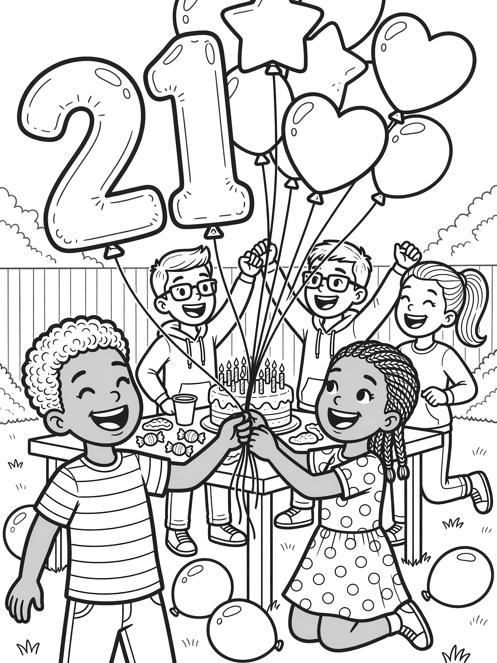 Black and white line art coloring page of four tween friends at a 21st birthday party holding balloons shaped like 21, stars and hearts, cheering around a cake with 21 candles.