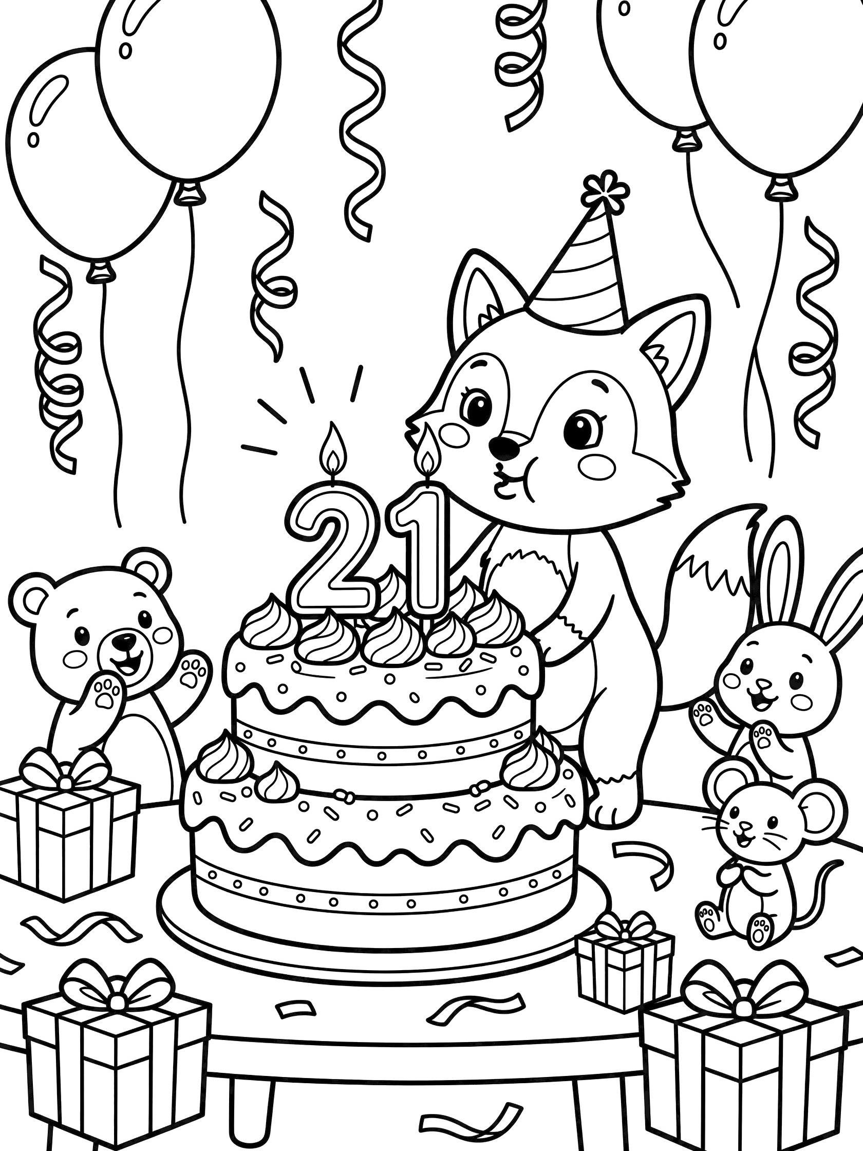 Black and white line art of a smiling fox in party hat blowing out 2 and 1 numeral candles on a layered birthday cake with cheering bunny, bear, mouse friends, balloons and gifts.