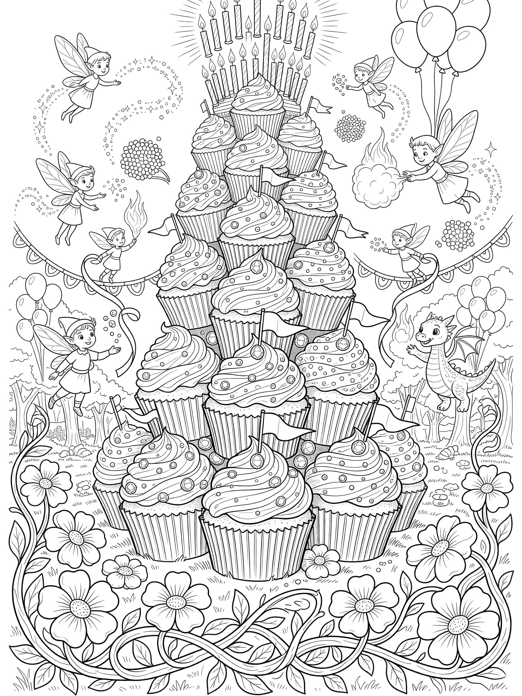 Black and white line art coloring page showing a tall tower of 21 cupcakes for 21st birthday, topped with candles, surrounded by flying fairies, elves, balloons, and flowers.