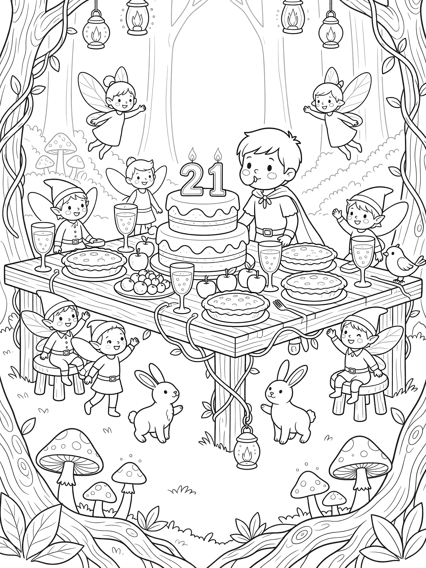 Whimsical 21st birthday coloring page showing a young adventurer blowing out 2 and 1 candles on a big cake at a forest banquet table with cheering fairies, elves, rabbits, birds, fruits, pies, and glowing lanterns.