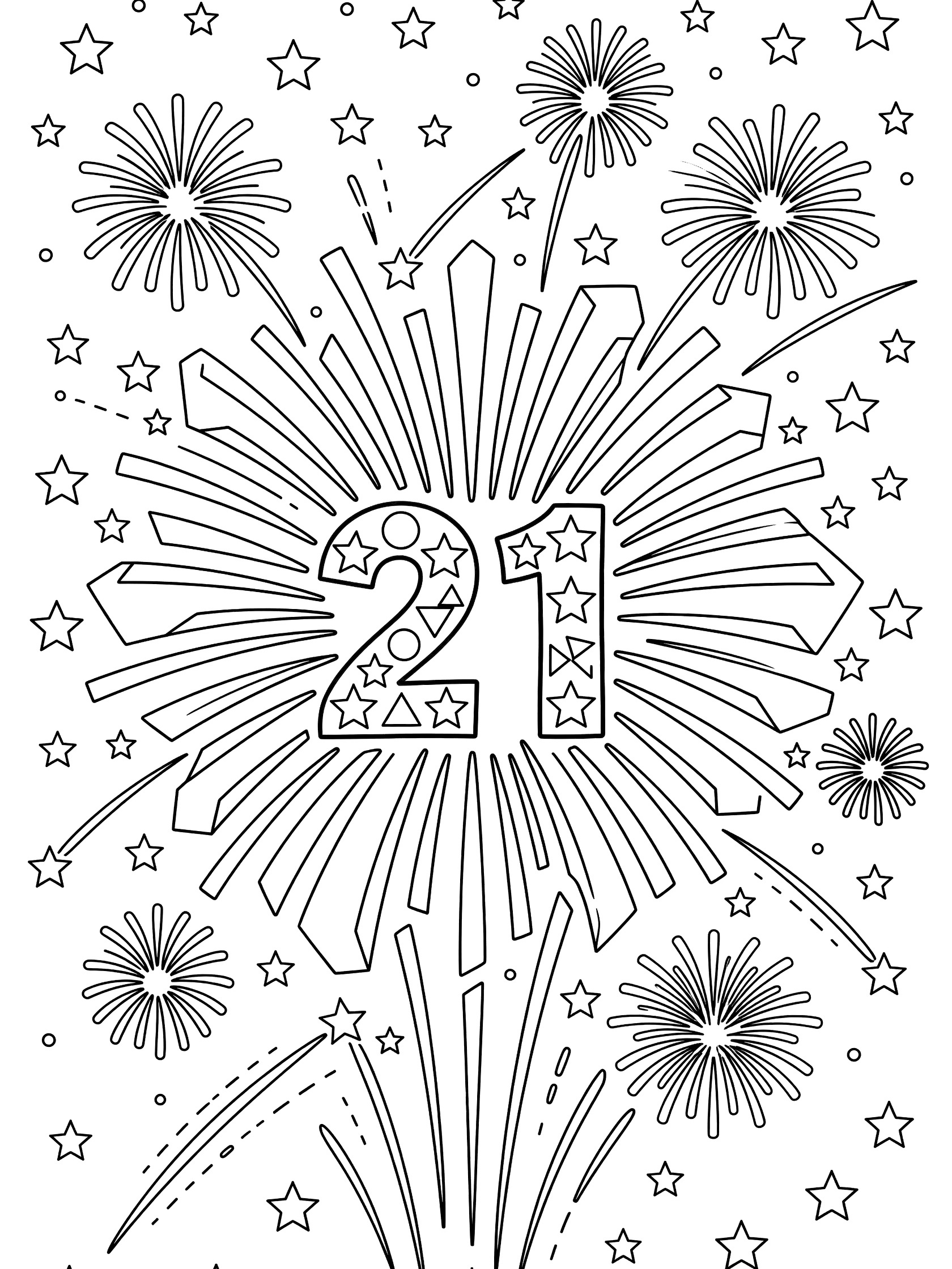 Black and white line art coloring page of a 21st birthday firework explosion with numbers 2 and 1 formed by triangles, circles, and stars, surrounded by bursts, comets, and polygon stars.
