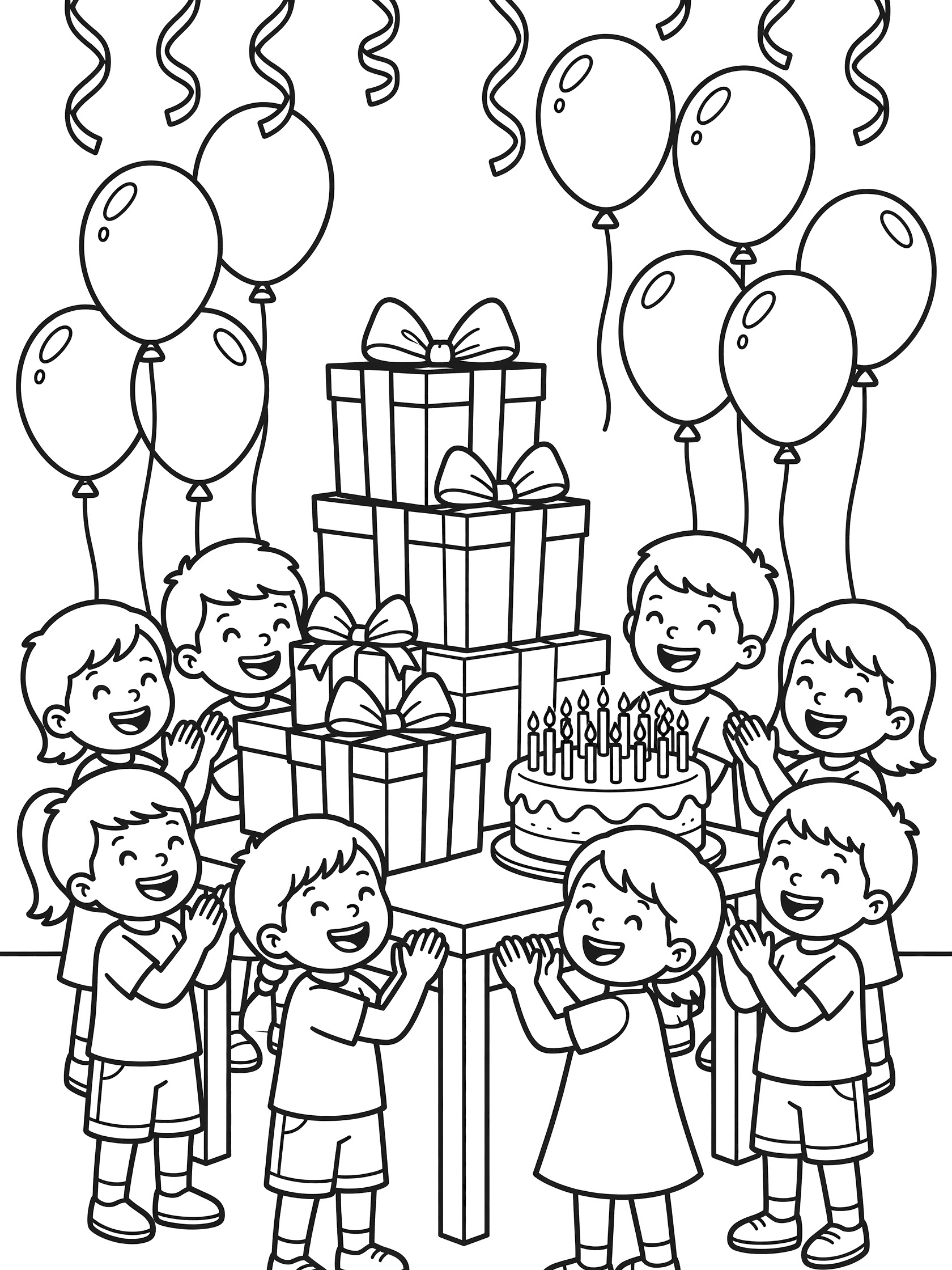 21st birthday coloring page showing kids celebrating around a big stack of presents on a table with a cake topped by 21 candles, balloons and streamers in a party room.