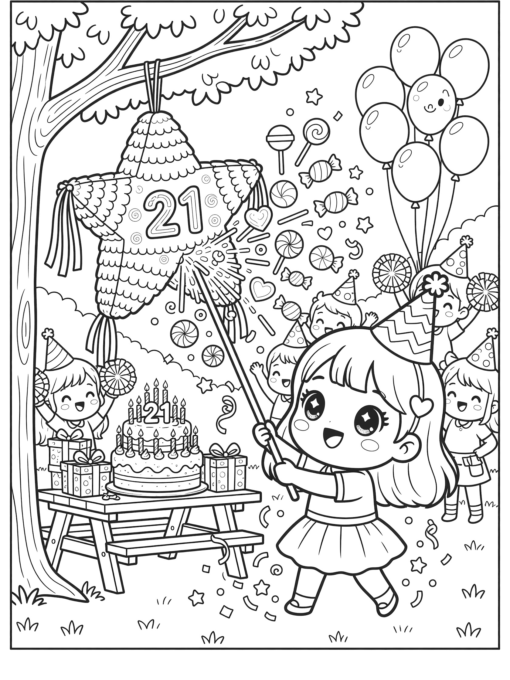 Kawaii chibi girl swinging a stick at a star-shaped 21st birthday piñata bursting with candy, with birthday cake, presents, balloons, and party friends in a backyard setting.