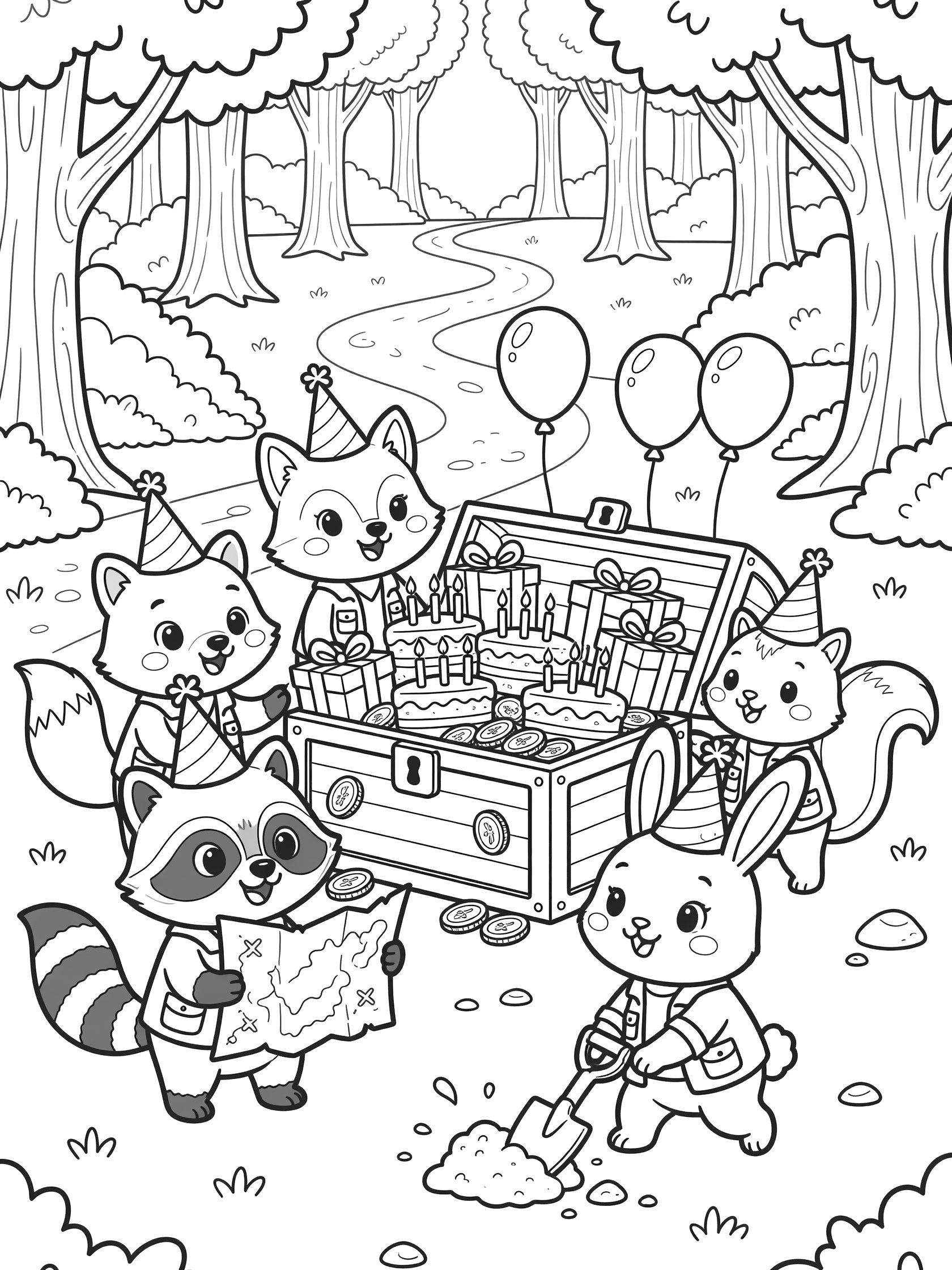 Black and white coloring page showing cute cartoon animals like foxes, raccoon, and bunny wearing party hats and explorer vests, opening a treasure chest with birthday cake slices, candles, balloons, and gold coins on a treasure map hunt in a forest clearing.