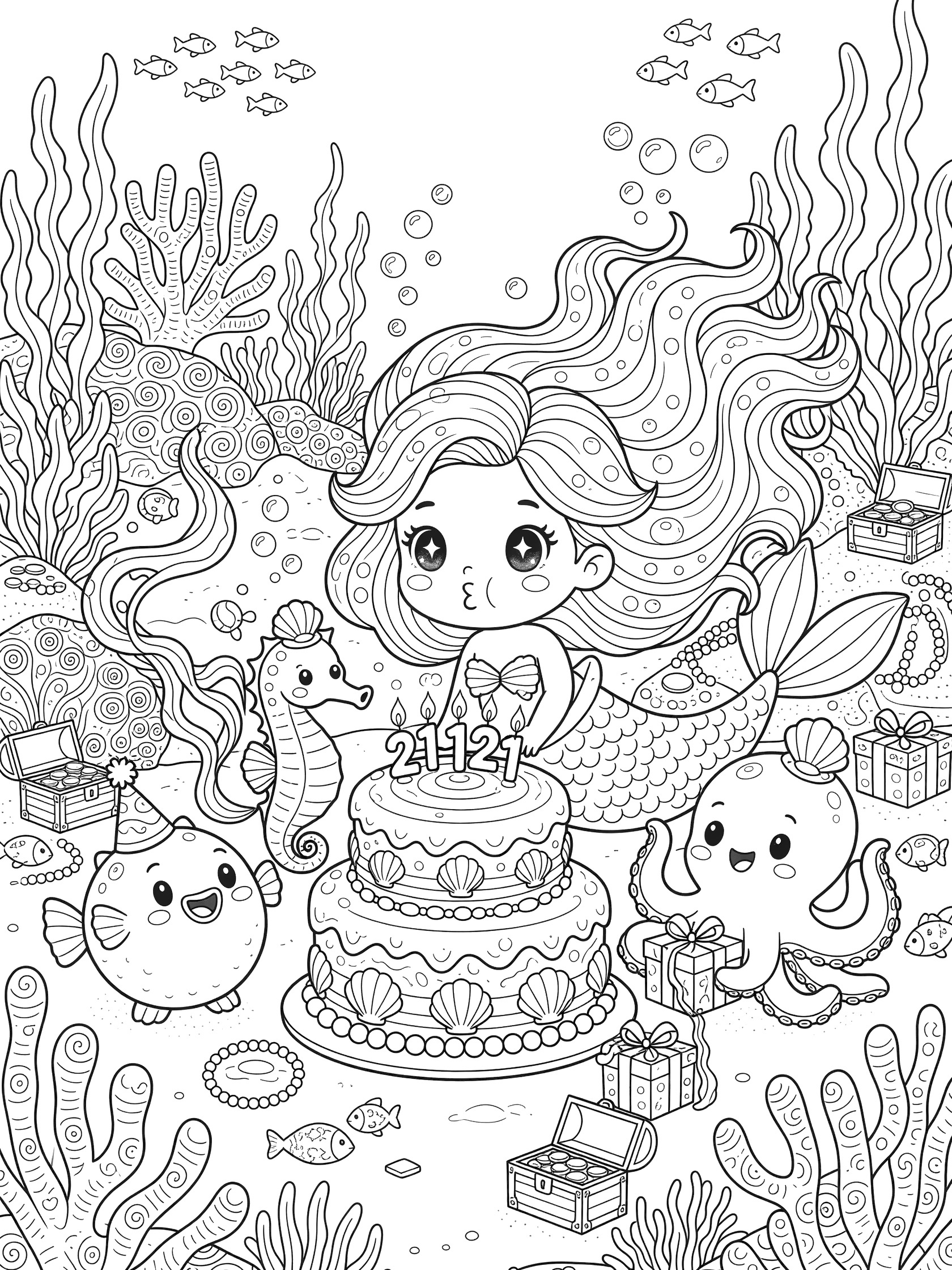 Kawaii chibi mermaid with big eyes blowing out 21 candles on seashell birthday cake surrounded by sea animals in party hats at underwater 21st birthday celebration coloring page