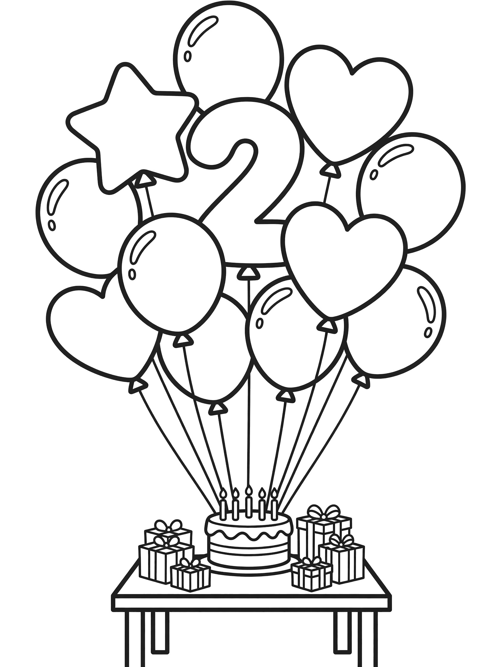 Black and white coloring page of a big bunch of round heart and star balloons with number 2, above a birthday cake with candles and wrapped gifts on a table.