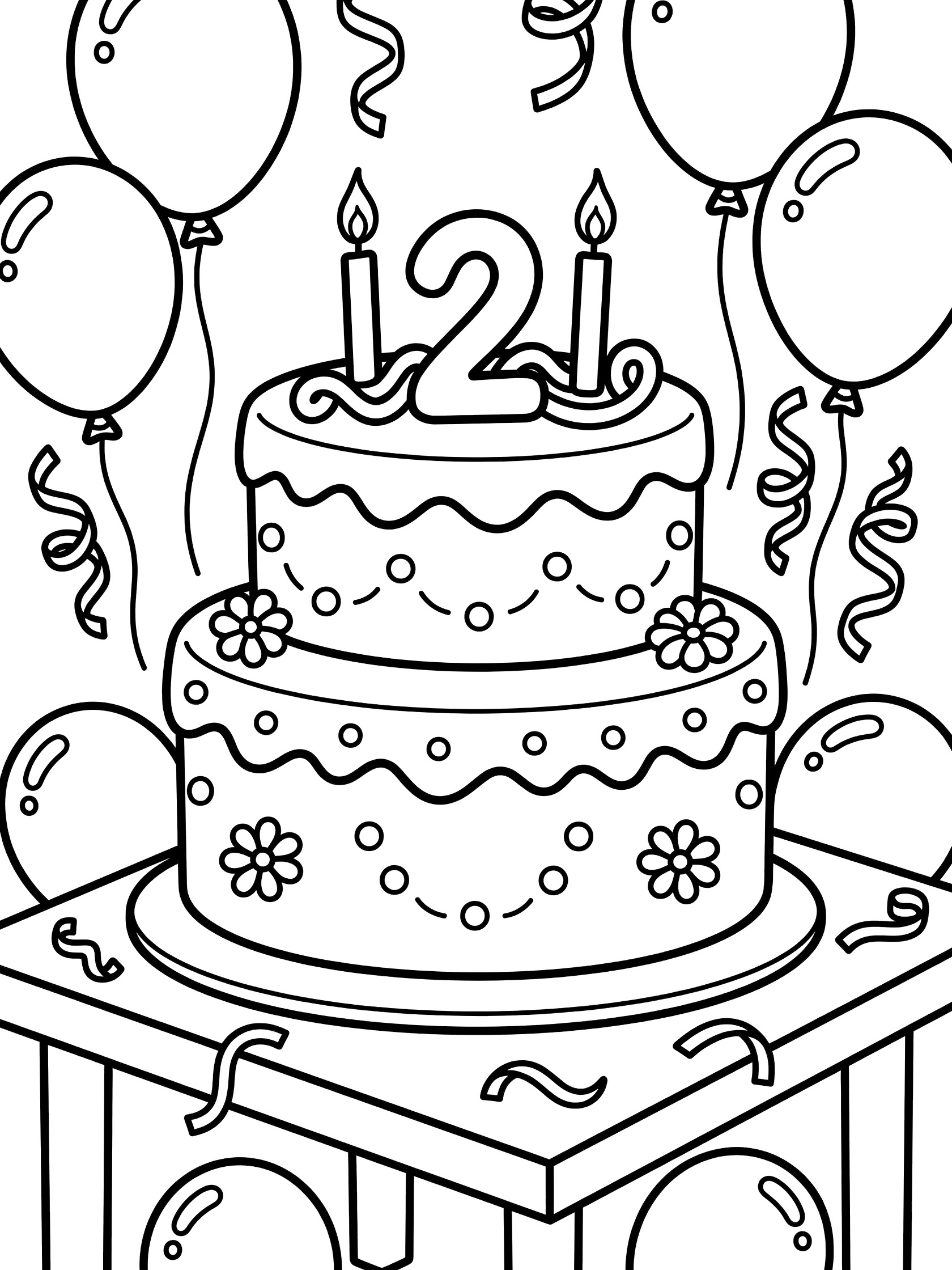 Black and white line art of a two-layer birthday cake with number 2 candles, surrounded by balloons, streamers, and daisies on a table