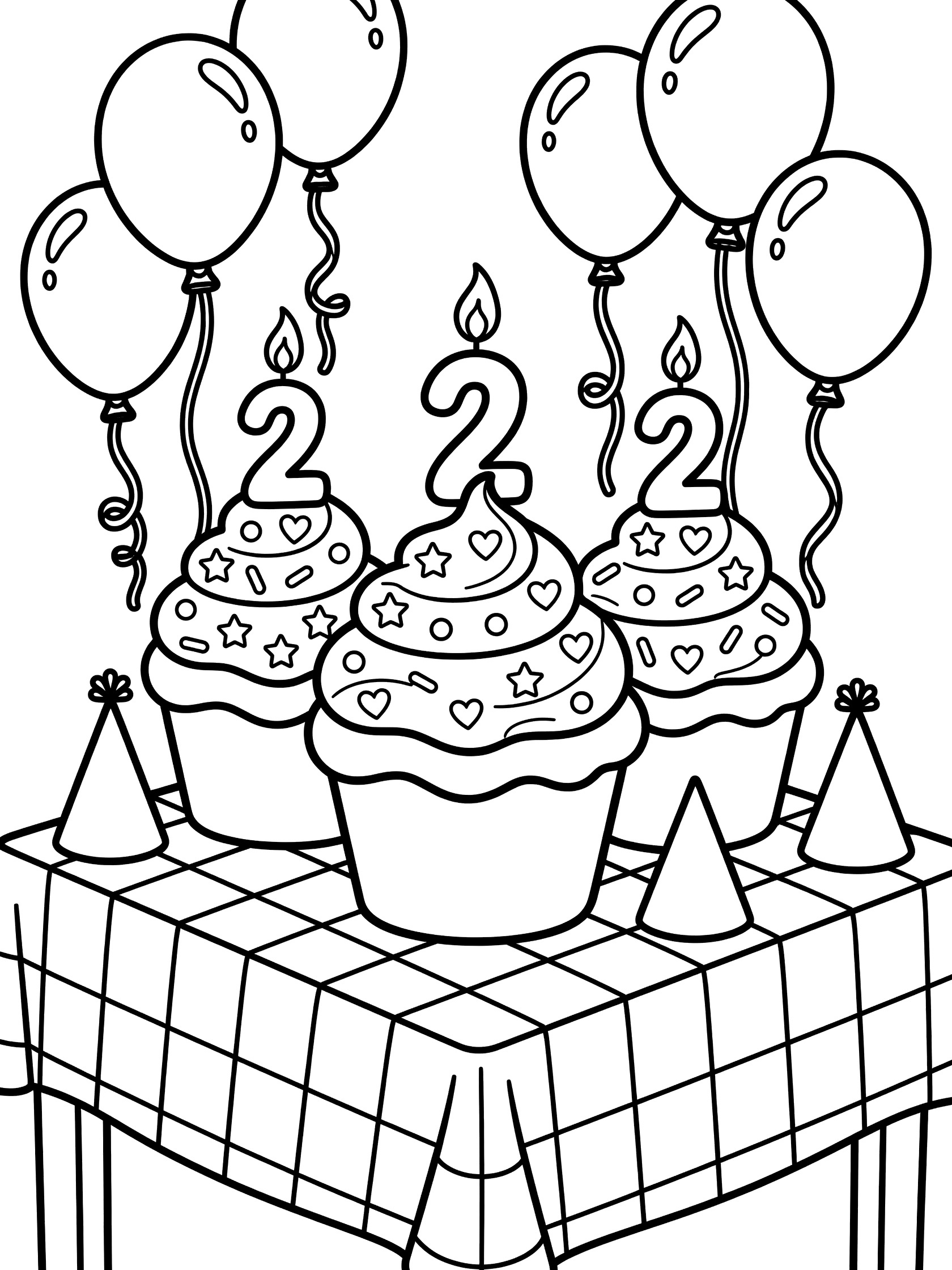 Black and white line art coloring page of three oversized cupcakes with swirly frosting, number 2 candles, sprinkles, balloons, ribbons, and party hats for a 2nd birthday party.