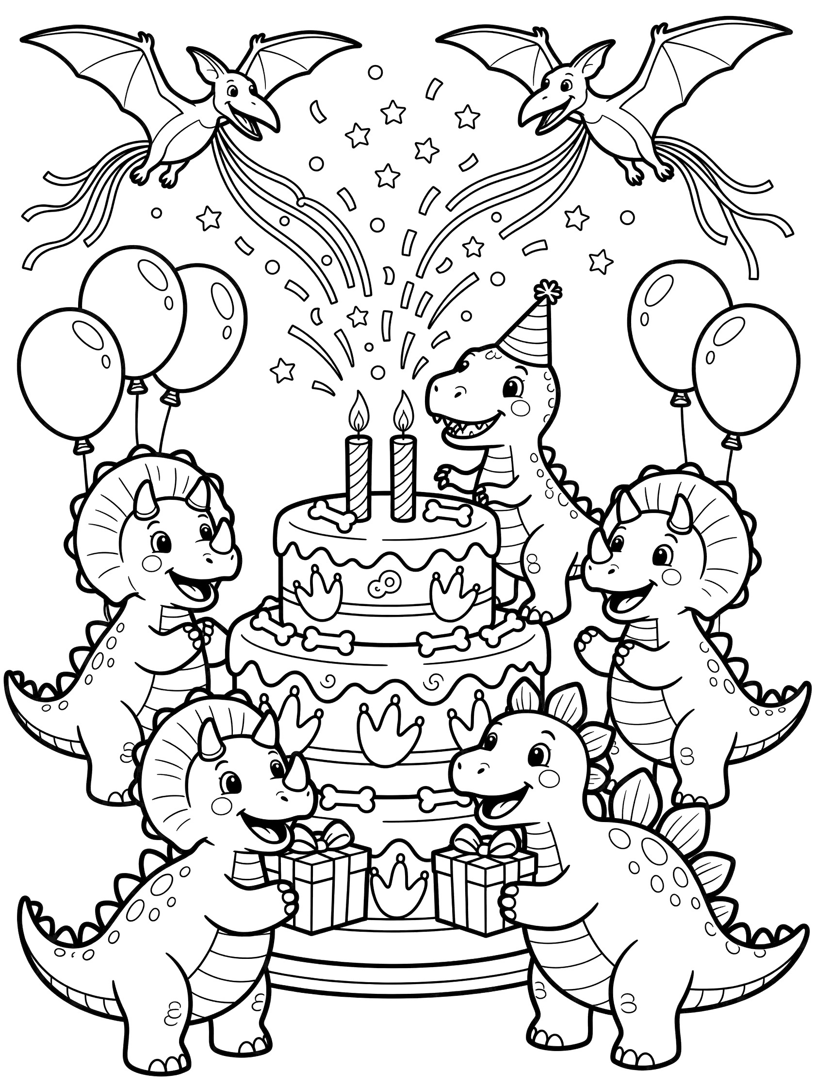 Black and white line art of baby T-Rex in party hat blowing out candles on a 2nd birthday cake, with triceratops holding balloons, stegosaurus with gifts, and pterodactyls with streamers.