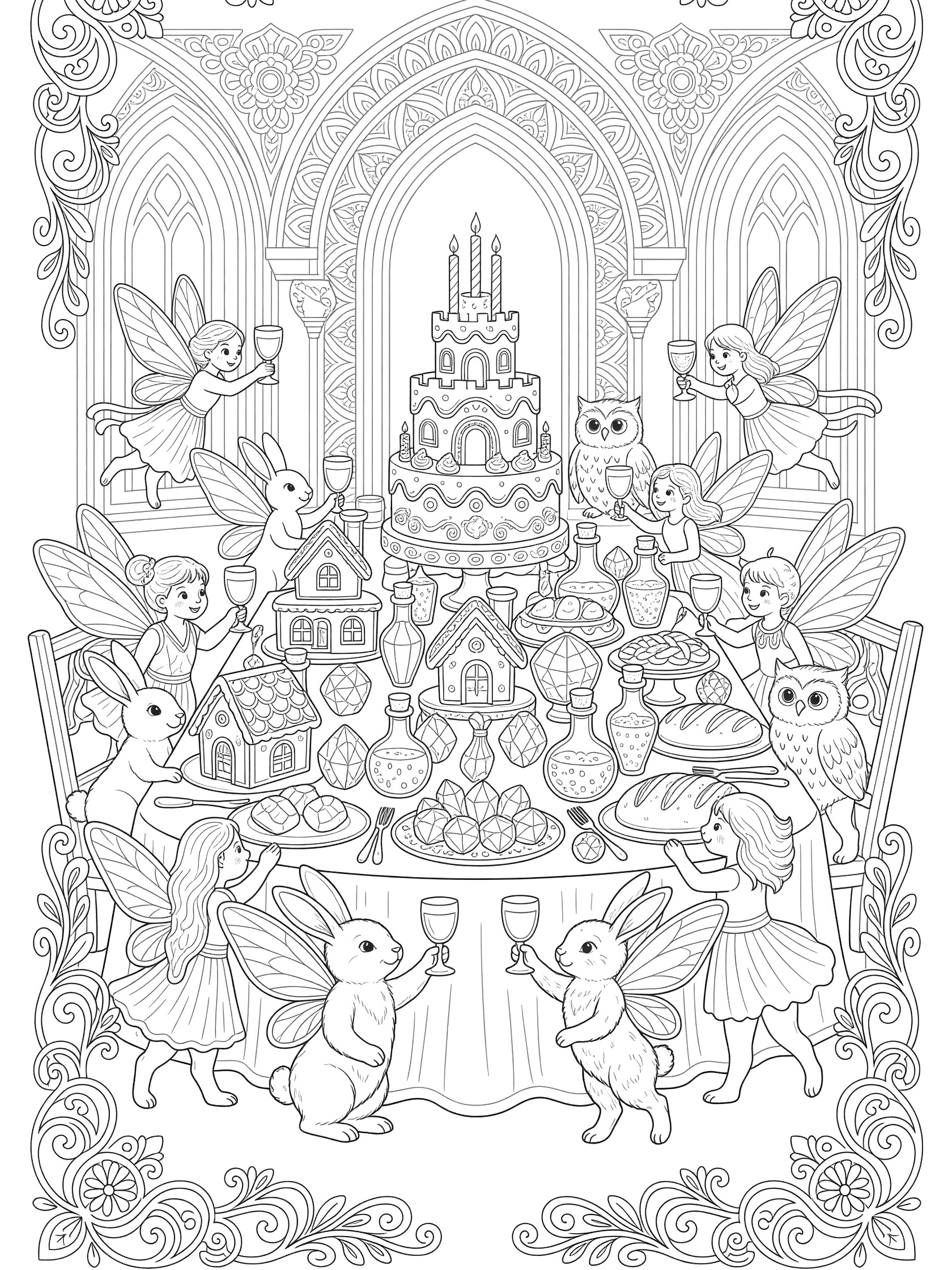 Detailed black and white line art coloring page of a 2nd birthday fairy tale feast with central castle cake, fairies toasting, rabbits and owls at a banquet table, framed by swirling vines and arches.