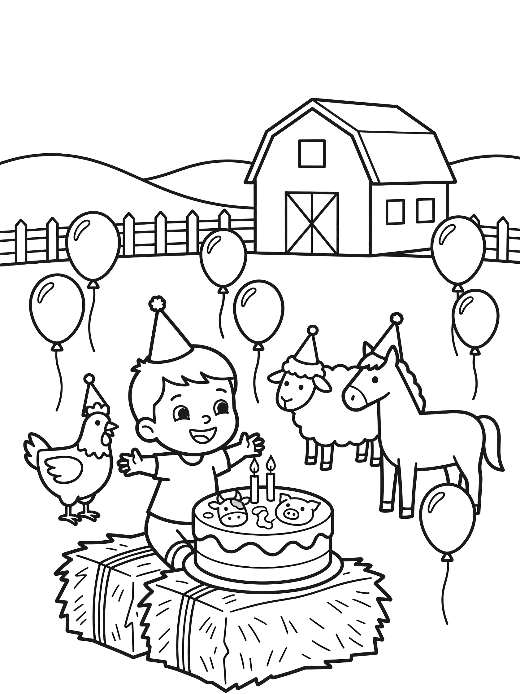 Black and white coloring page of a happy toddler in party hat on hay bale blowing out two candles on birthday cake with cow and pig toppers, surrounded by chicken, sheep, horse in hats, balloons, barn, and fence.