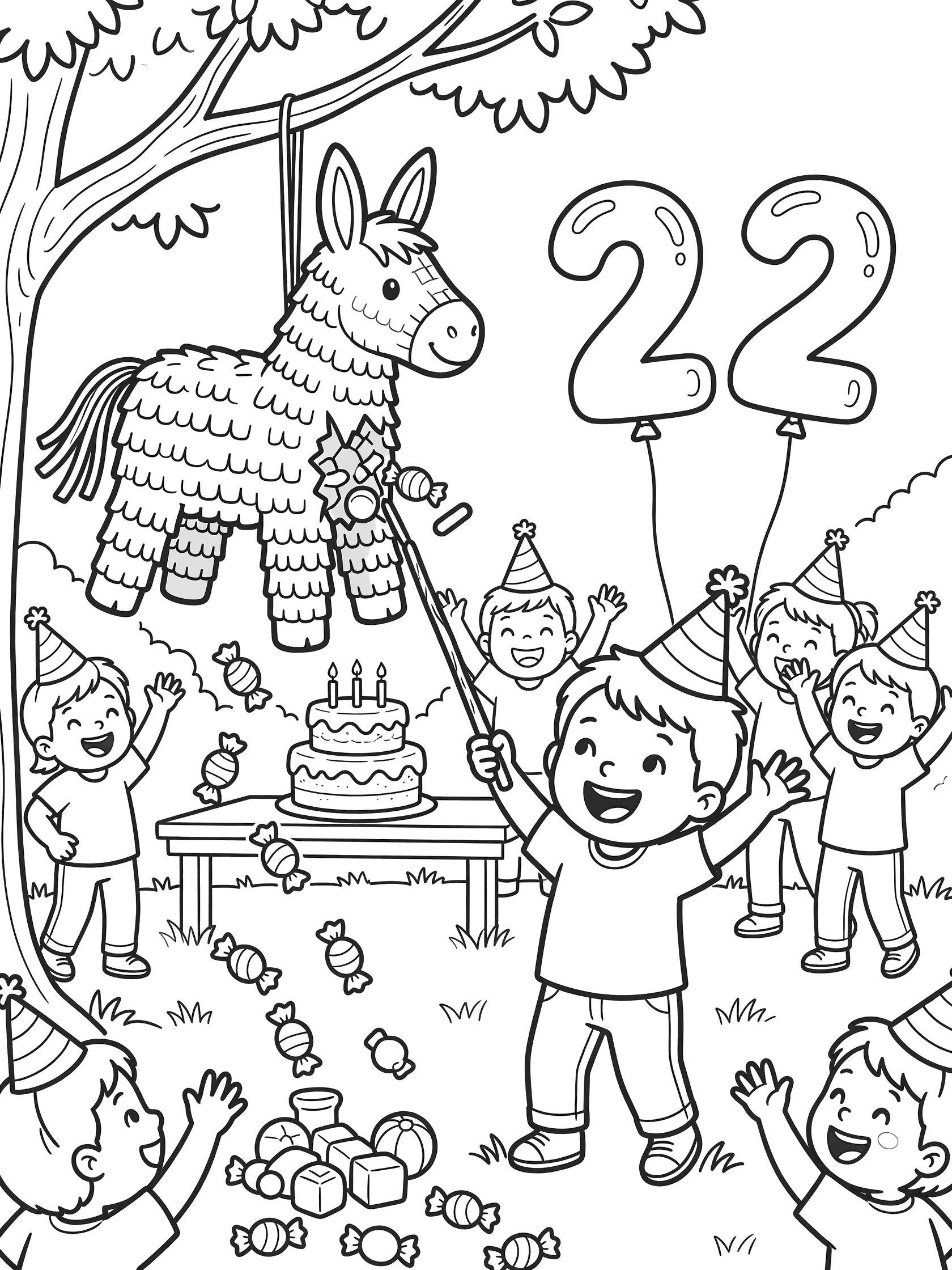 Cute line art coloring page for 2nd birthday showing toddler hitting donkey-shaped piñata, spilling candy, with big 2 balloons, birthday cake, and kids cheering in backyard party.