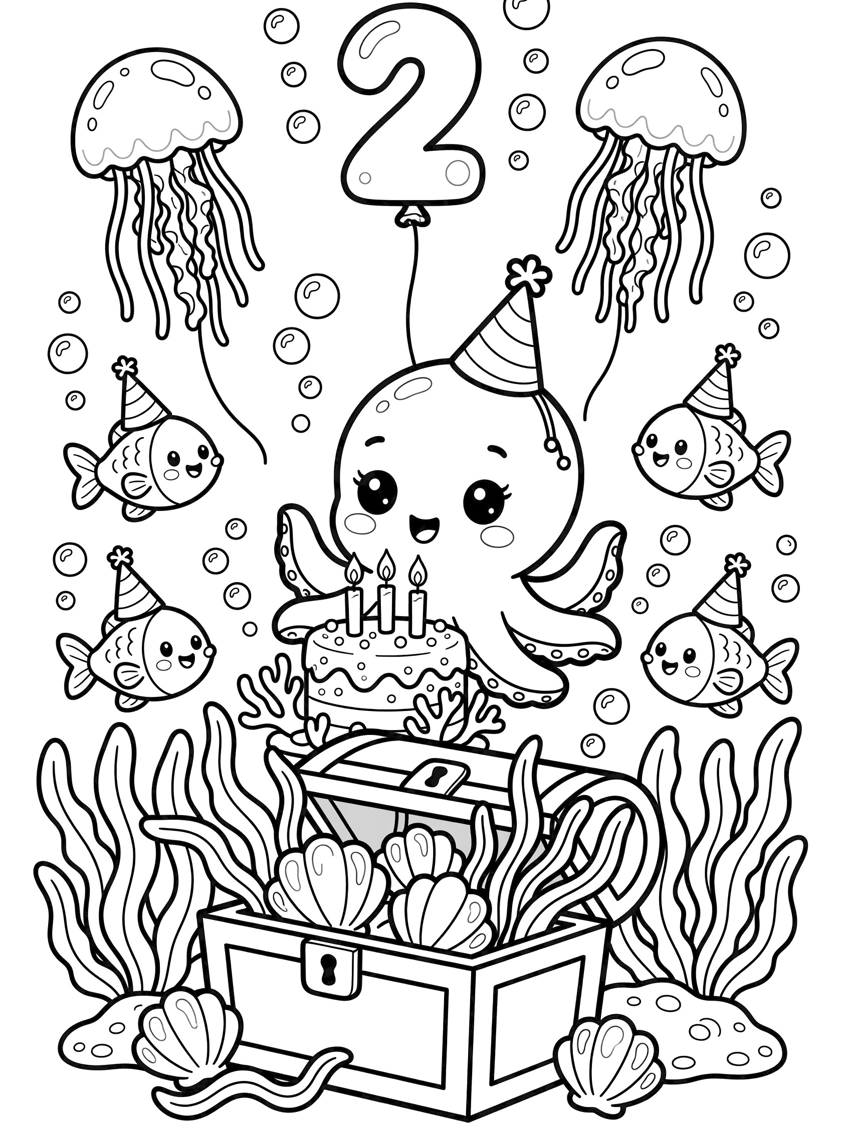 Kawaii black-and-white line art of chubby baby octopus in party hat blowing out two candles on coral reef cake for 2nd birthday underwater bash, with fish, jellyfish, treasure chest, and bubbles.