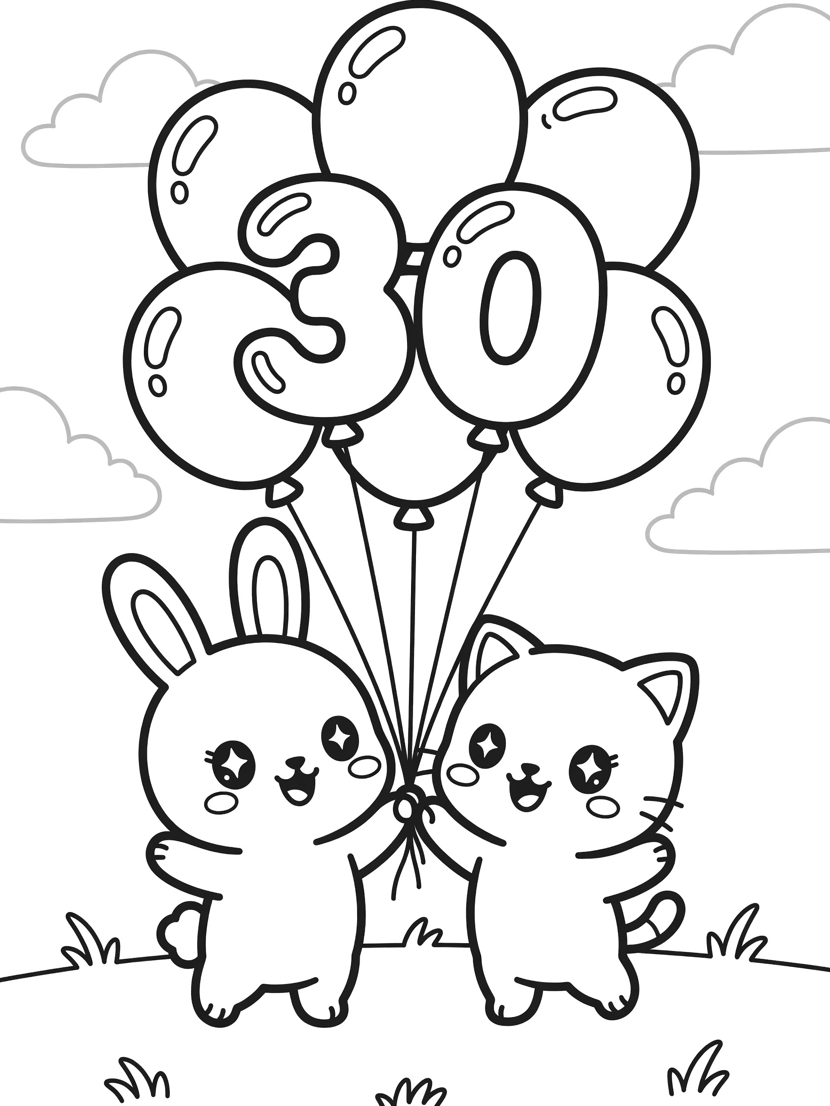 Black and white coloring page of kawaii chibi bunny and kitten floating 30th birthday balloons with numbers 3 and 0, grass, and clouds.