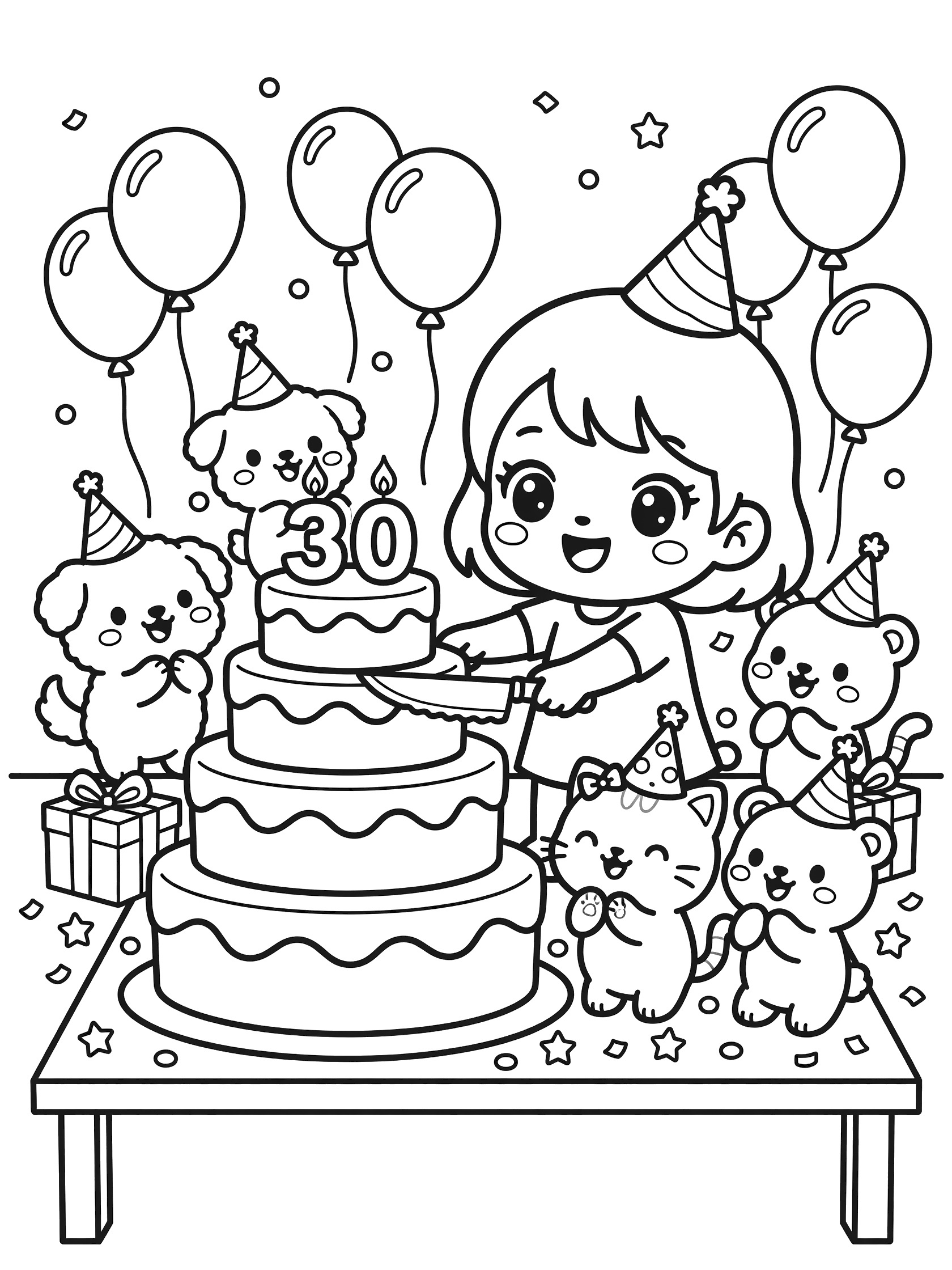 Kawaii line art coloring page showing chibi girl with party hat slicing three-tier 30th birthday cake, surrounded by clapping chibi dogs and cats wearing hats, balloons and gifts nearby.
