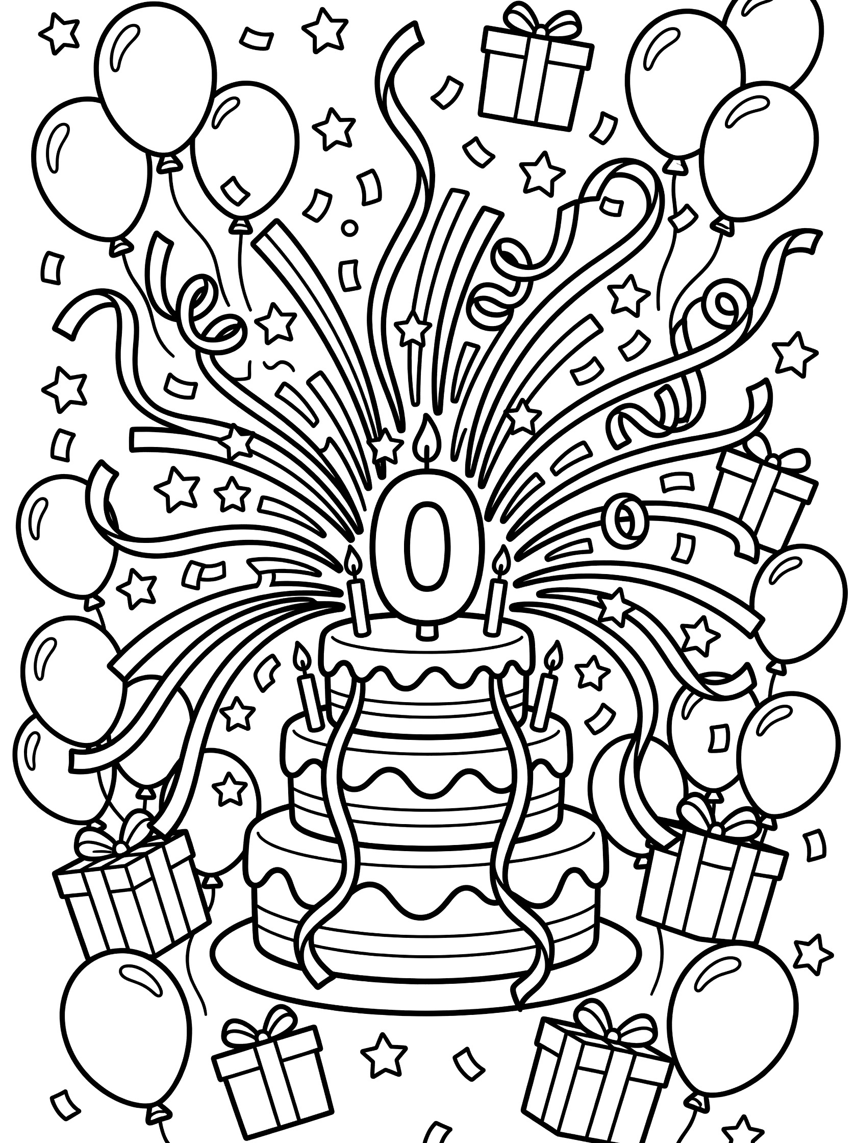Black and white coloring page of 30th birthday cake with zero candle exploding confetti, surrounded by balloons and gifts