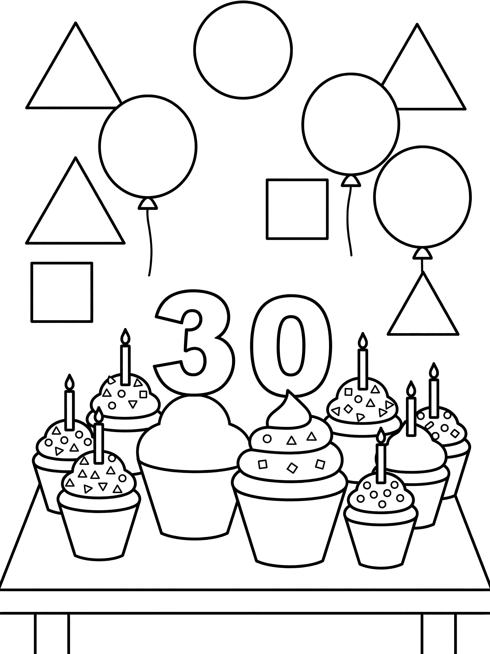 Line art coloring page showing geometric cupcakes for 30th birthday with 3 and 0 candles, sprinkles, and balloons on a table